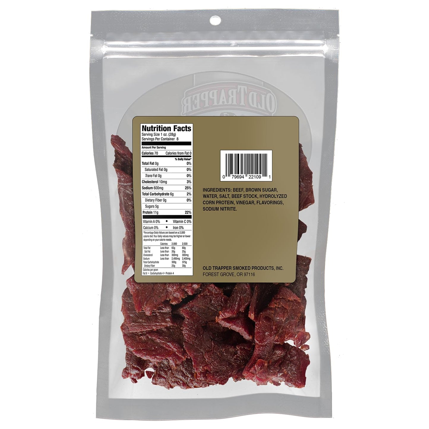 Old Trapper Beef Jerky, 8 Ounce Bag, Tender Meat Snacks for Lunches or Between Meals