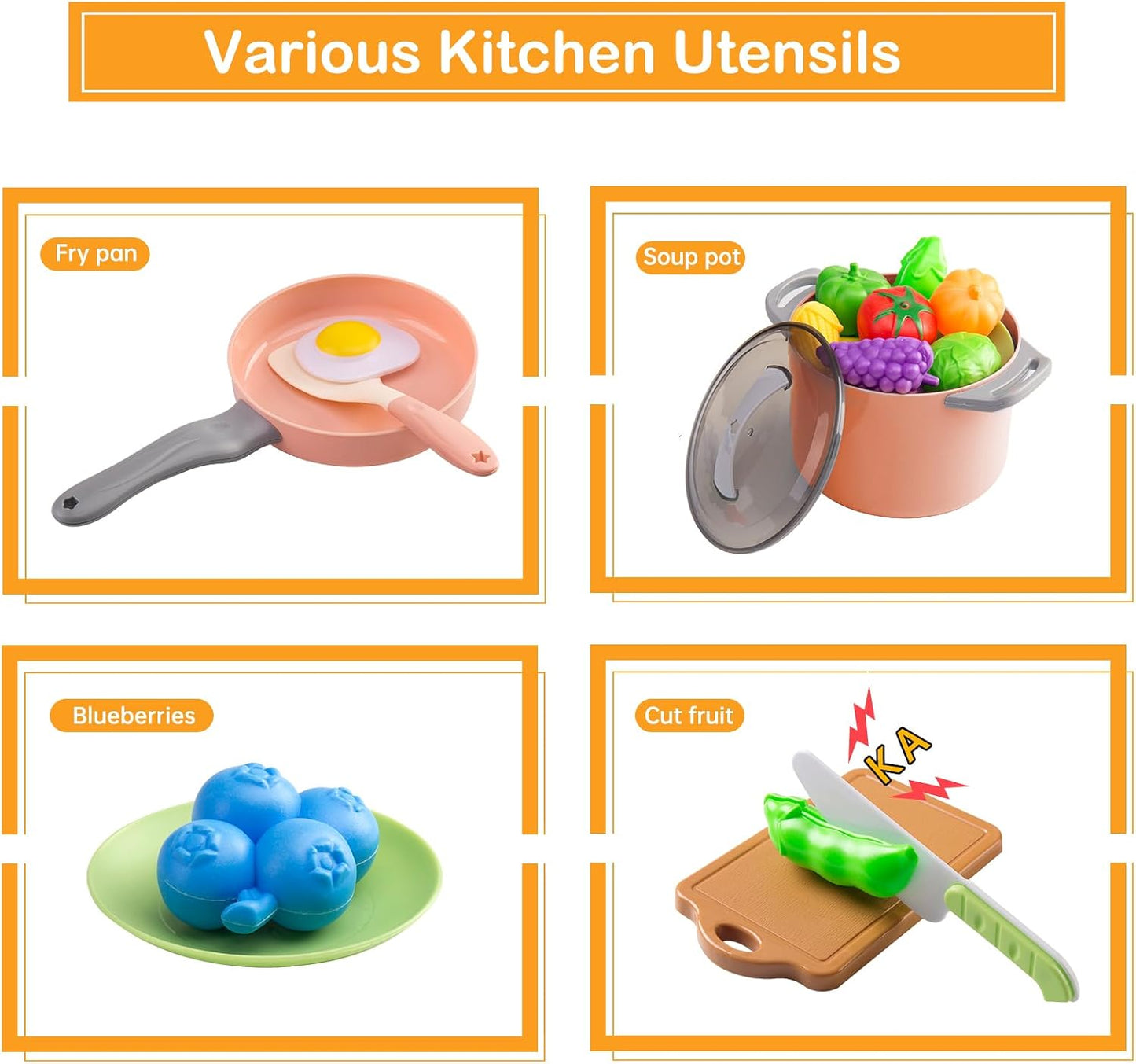 35Pcs Kids Kitchen Toy Accessories, Toddler Pretend Cooking Playset with Play Pots, Pans, Utensils, Cookware, Play Food Set, Toy Vegetables, Learning Gift for Girls & Boys (Pink)