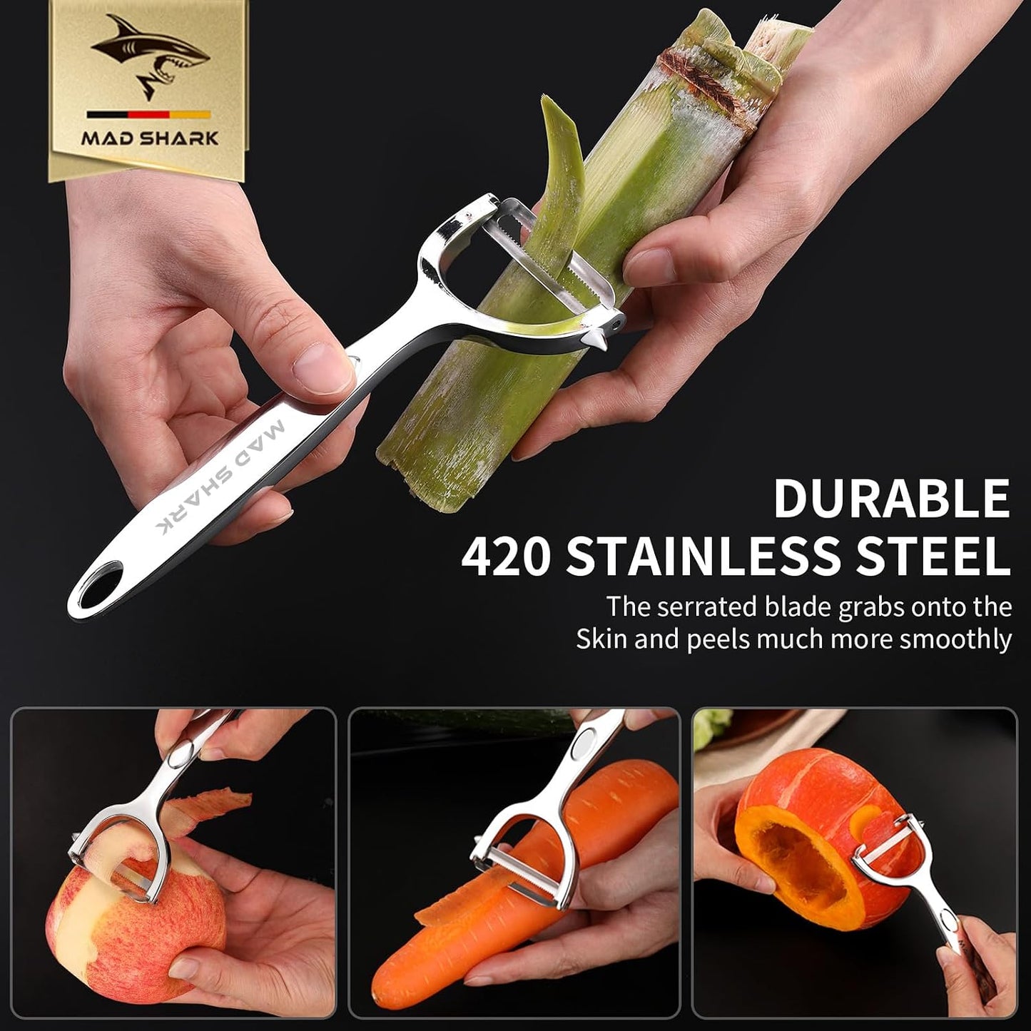 MAD SHARK Vegetable Peeler,Ultra Sharp Y Serrated Blade Peelers for Kitchen | Y Shaped Peeler Rust-proof Stainless Steel,Non-slip Ergonomic Grip,Easy Clean for carrots, potatoes, apples, fruits & veggies