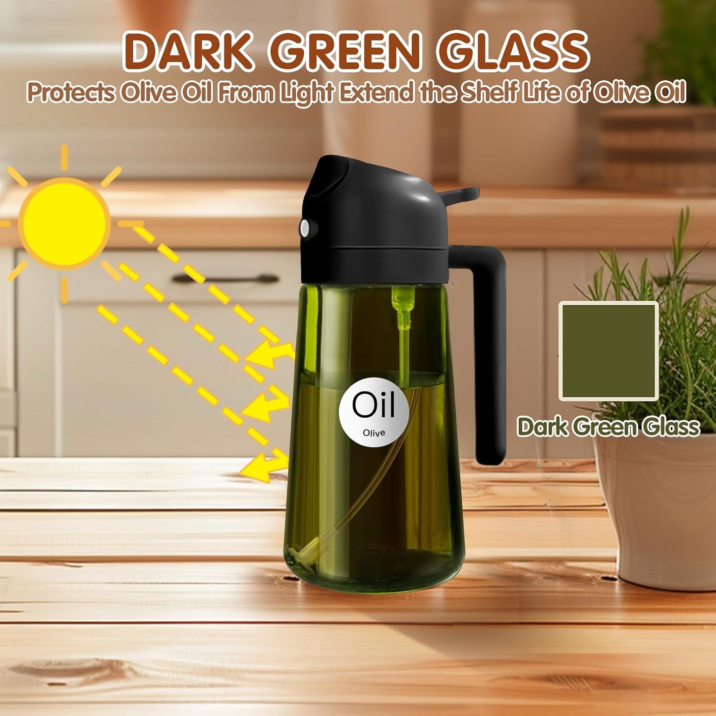 YARRAMATE 16 oz Dark Glass Olive Oil Sprayer & Dispenser, 2-in-1, Black | Light-blocking dark green glass, food-grade spray and pour bottle for cooking, air fryer, salad and BBQ