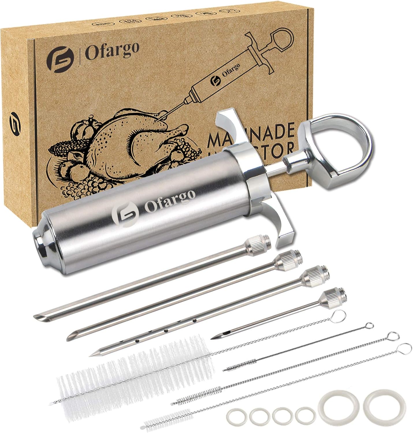 Ofargo Stainless Steel Meat Injector Syringe Kit with 4 Marinade Needles for BBQ Grill Smoker, Father Day Gifts for Dad Husband Men Him, 2-oz Large Capacity, Both Paper User Manual and E-Book Recipe