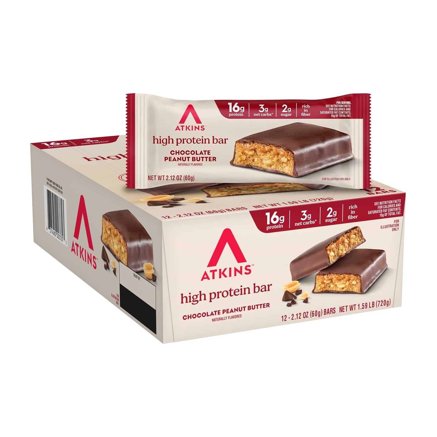 Atkins Chocolate Chip Granola Protein Bar, 12 Count, High Fiber, Low Sugar, 17g Protein