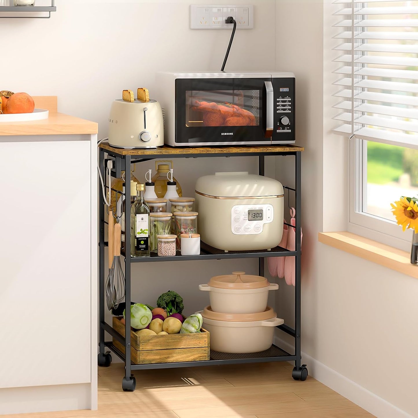 ThreeHio Rolling Kitchen Microwave Cart, 3 Tier Microwave Table Stand with Storage, Kitchen Utility Cart on Lockable Wheels, Small Coffee Cart Shelf Rack Organizer for Living Room Office, Balcony