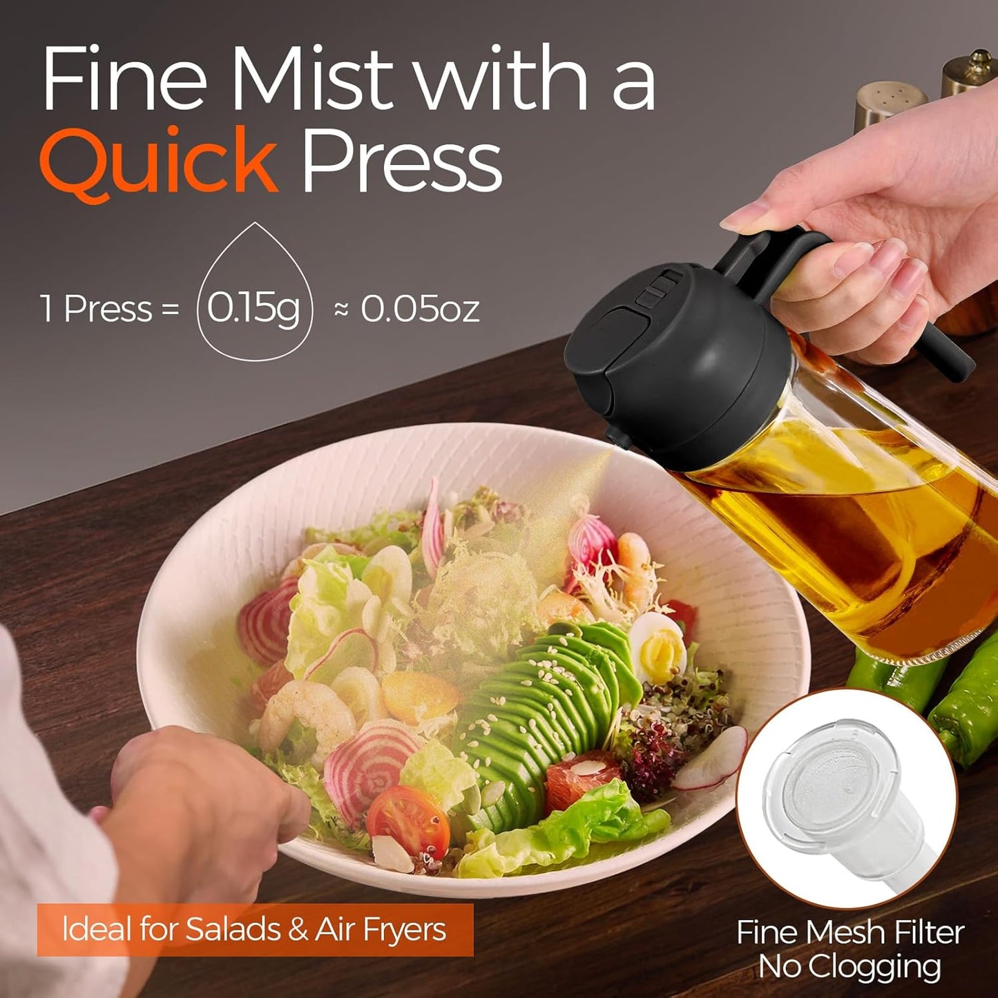 YARRAMATE 16 oz 2-in-1 Glass Olive Oil Sprayer for Cooking, Black | Food-grade dispenser bottle, 470 ml, spray and pour, portion control, stickers included, for salad, frying and BBQ