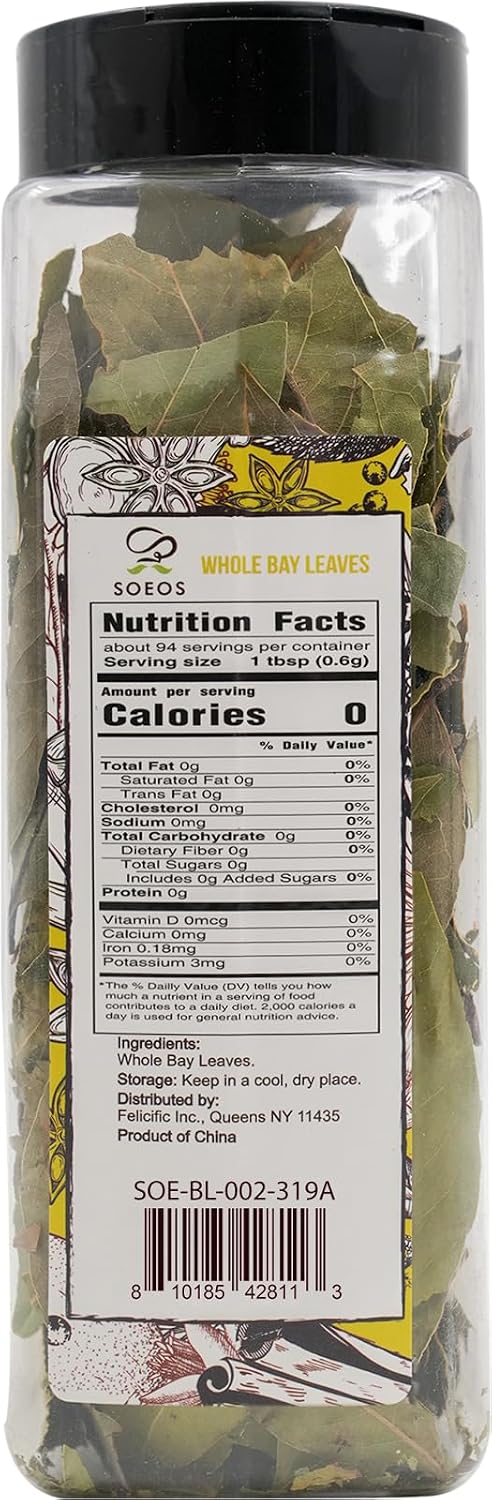 Soeos Whole Dried Bay Leaves, Non-GMO Verified, Laurel Herbs for Cooking and Seasoning, 2oz (57g)
