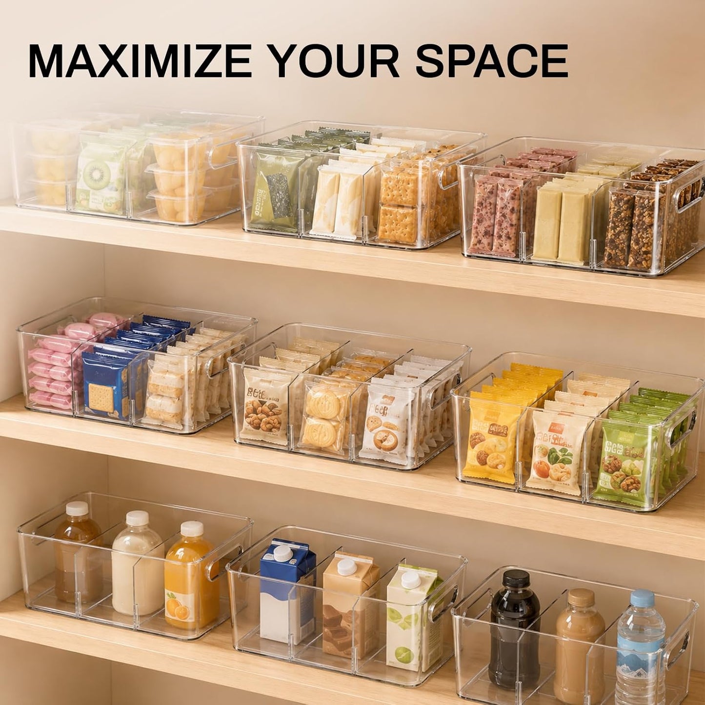Mpotmiy 6 Pack Pantry Organizers and Storage,Clear Plastic Containers with 2 Dividers for Kitchen,Fridge Organization and Storage,Acrylic Bins for Pounches,Spice Packet,Snack organzier