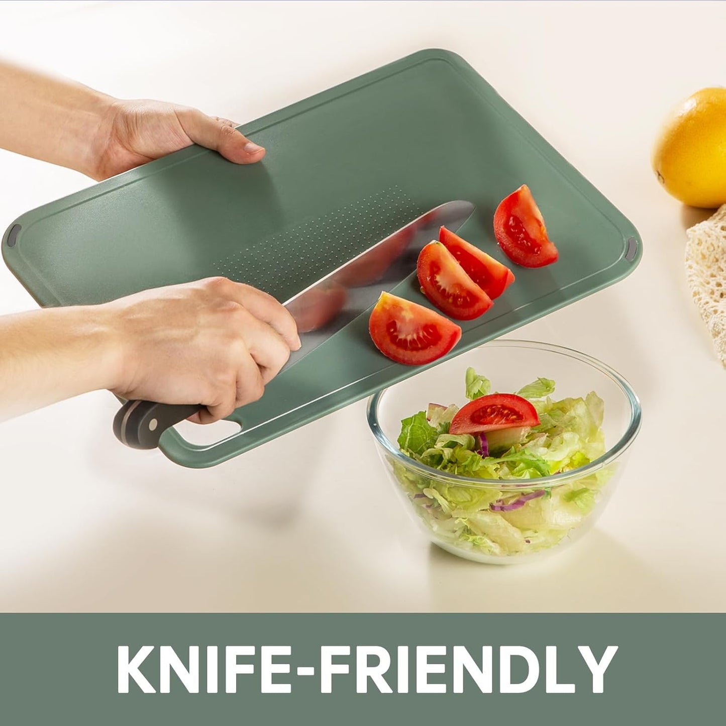 THETCHRY Plastic Cutting Board Set of 3-Cutting Boards for Kitchen BPA Free | Large-Small Chopping Boards, Non-Slip for Cooking, Dishwasher Safe, Camping, Portable, with Grip Handle, Sage Green