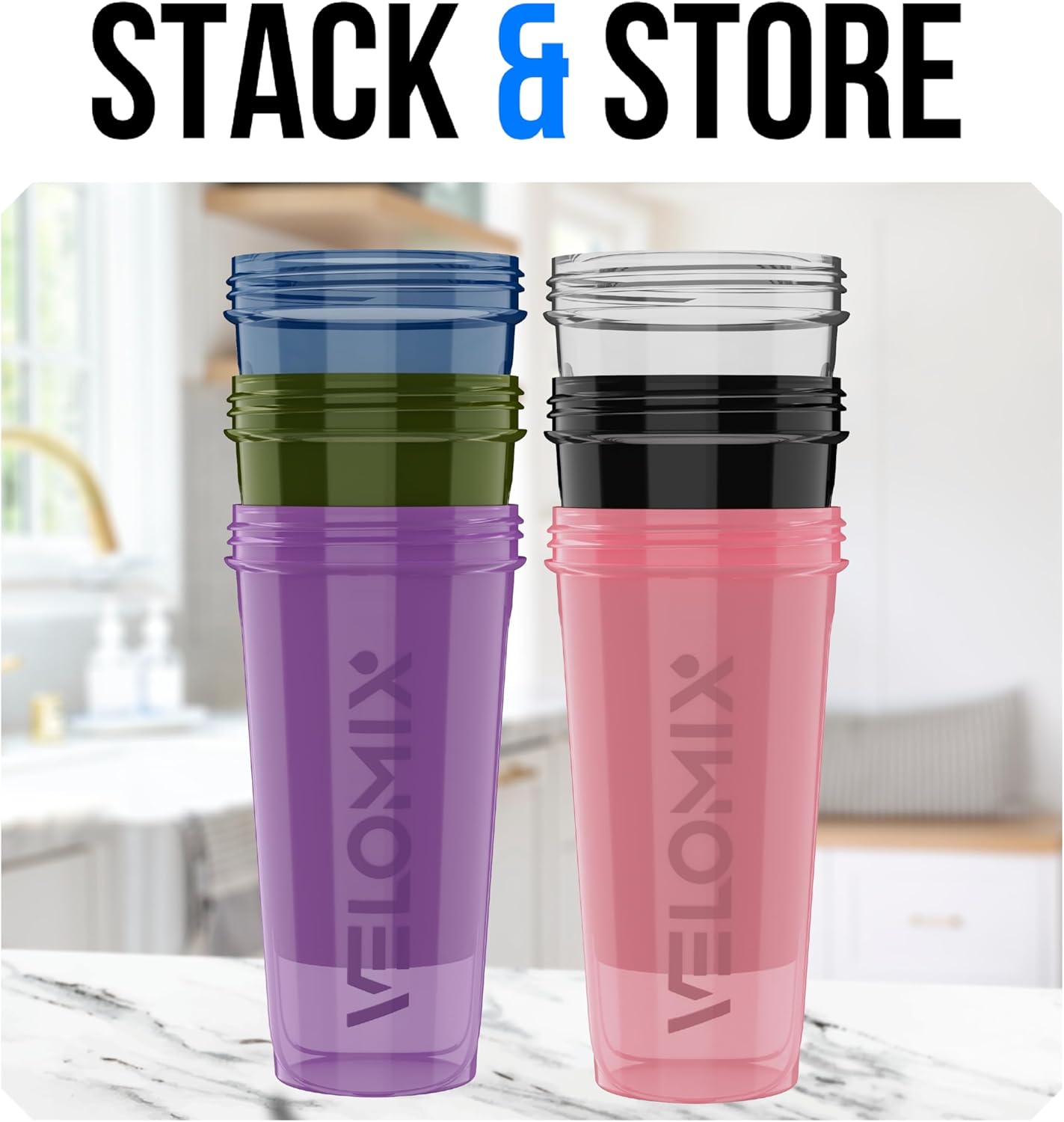 VELOMIX 28oz Protein Shaker Bottle 6-Pack - Leak-Proof, Smooth Mixes