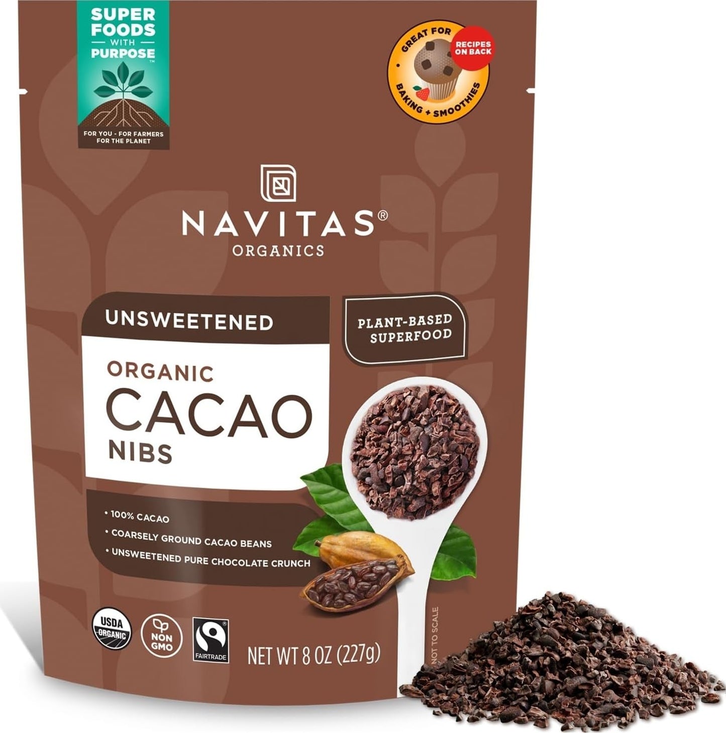 Navitas Organics Cacao Nibs – Unsweetened Dark Chocolate Crunch – Antioxidants, Minerals, Fiber – For Trail Mix, Baking & More – USDA Organic, Fairtrade, Non GMO, Gluten Free, Non-alkalized (16oz. Bag 151 Servings)
