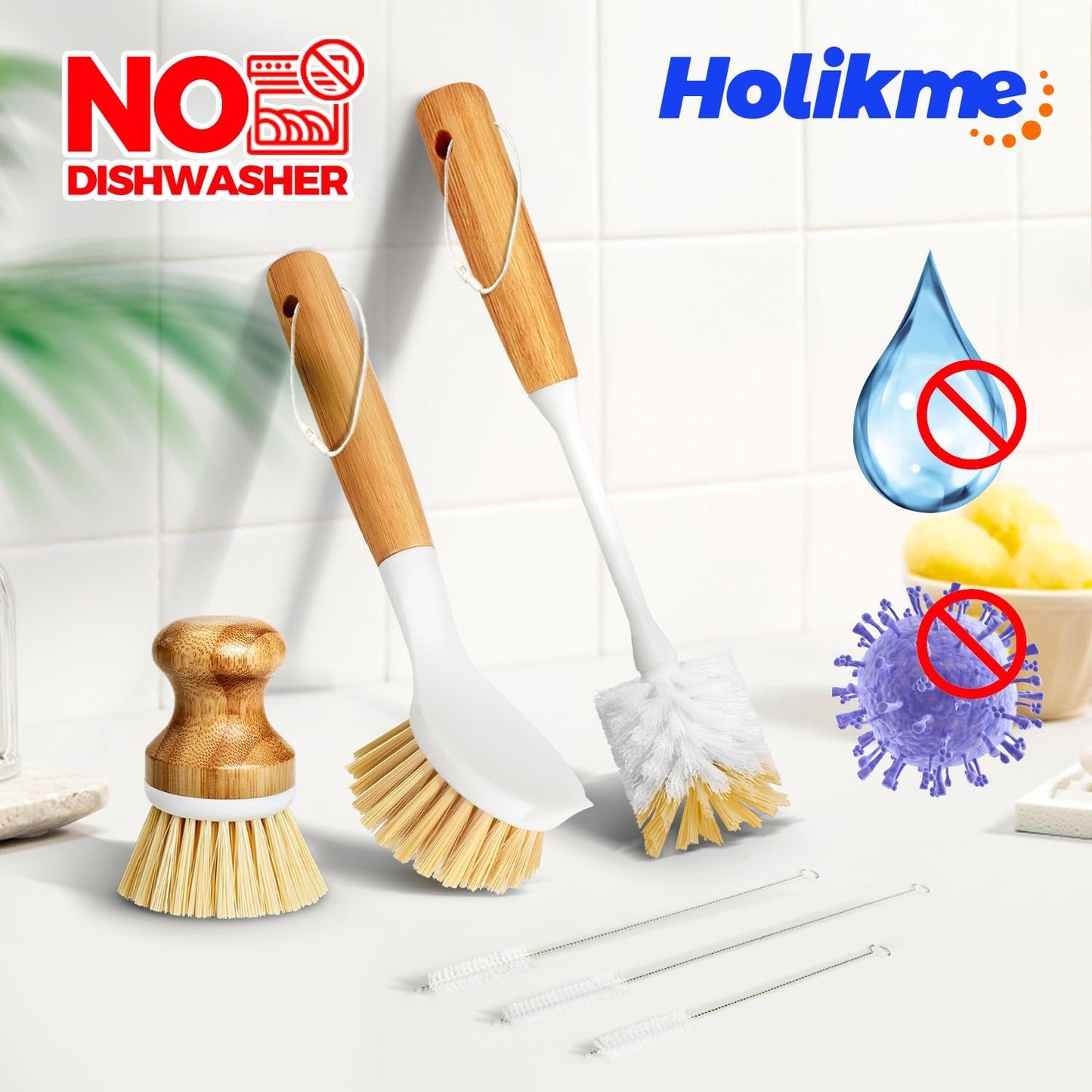 Holikme 6 Pack Dish Brush with Bottle Brush Scrub Brush Straw,Yellow | Dish Brush, Palm Scrub Brush and Straw Brush, Dish Scrubber Long Handle for Dish Bottle Cup Skillet Wok Pot Pan Cast Iron