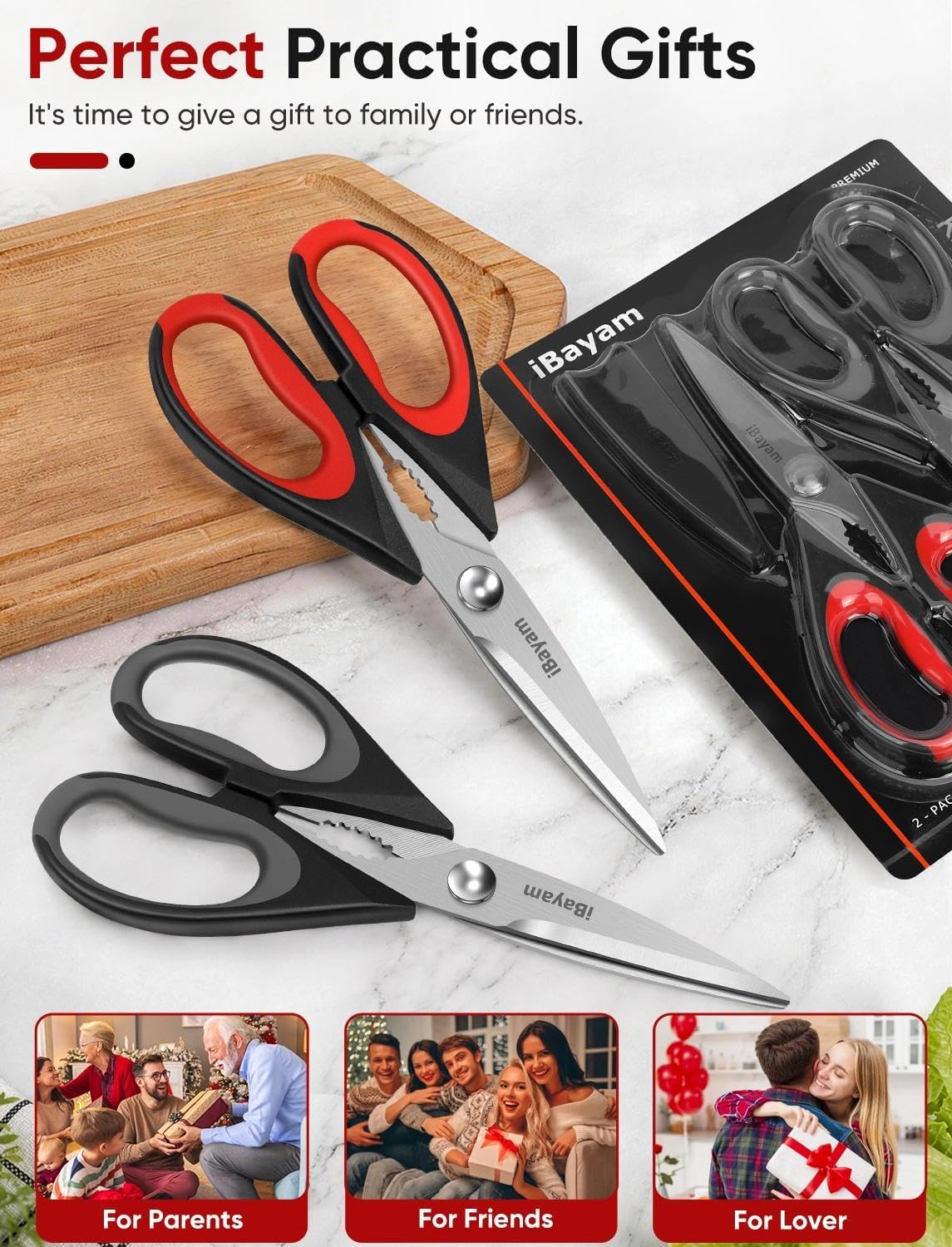 iBayam Kitchen Scissors Shears All Purpose Heavy Duty, Protective Sheath | 2-Pack, Ultra-Sharp Stainless Blades, Soft Comfort-Grip, Dishwasher Safe, Cutting Food Cooking Meat Poultry Kitchen Utensils