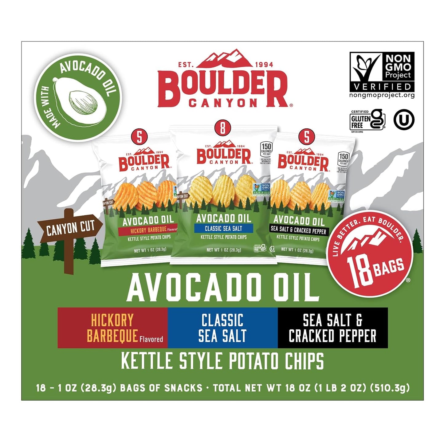 Boulder Canyon Avocado Oil Kettle Style Potato Chips Variety Pack, 18 Count, Gluten-Free, Non-GMO