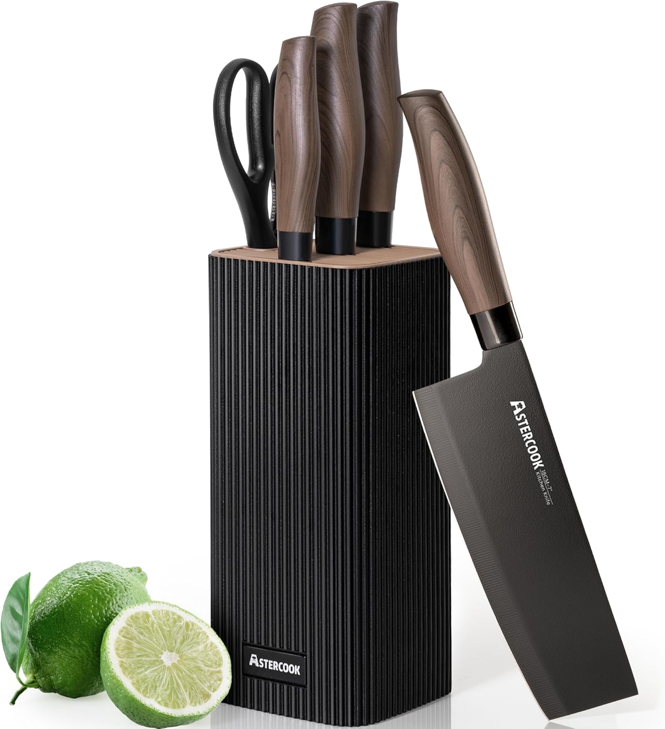 Astercook Knife Set, 6-Piece Kitchen Knife Set with Block, High Carbon Stainless Steel Ultra Sharp Kitchen Knives, Wood Grain Handle, Dishwasher Safe Knife Block Set, Khaki, Kitchen Utility Knives