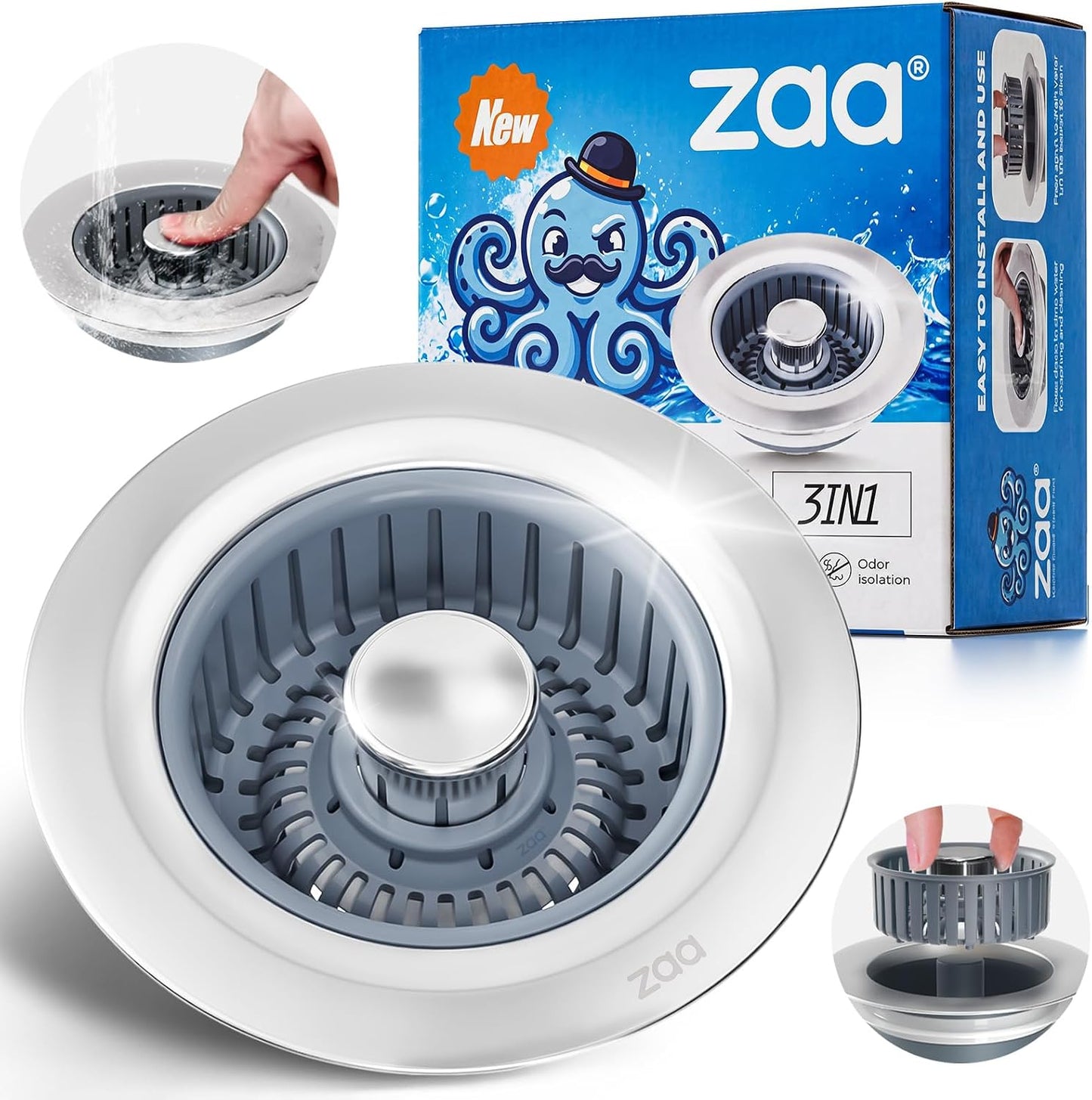 zaa 3 in 1 Kitchen Sink Drain Strainer Stopper Removable Basket Pop-Up | Kitchen Sink Accessories 1 Pack Silver Stainless - Food Catcher, Odor-Blocking Seal, Fits 3.5" Drain, Easy Clean