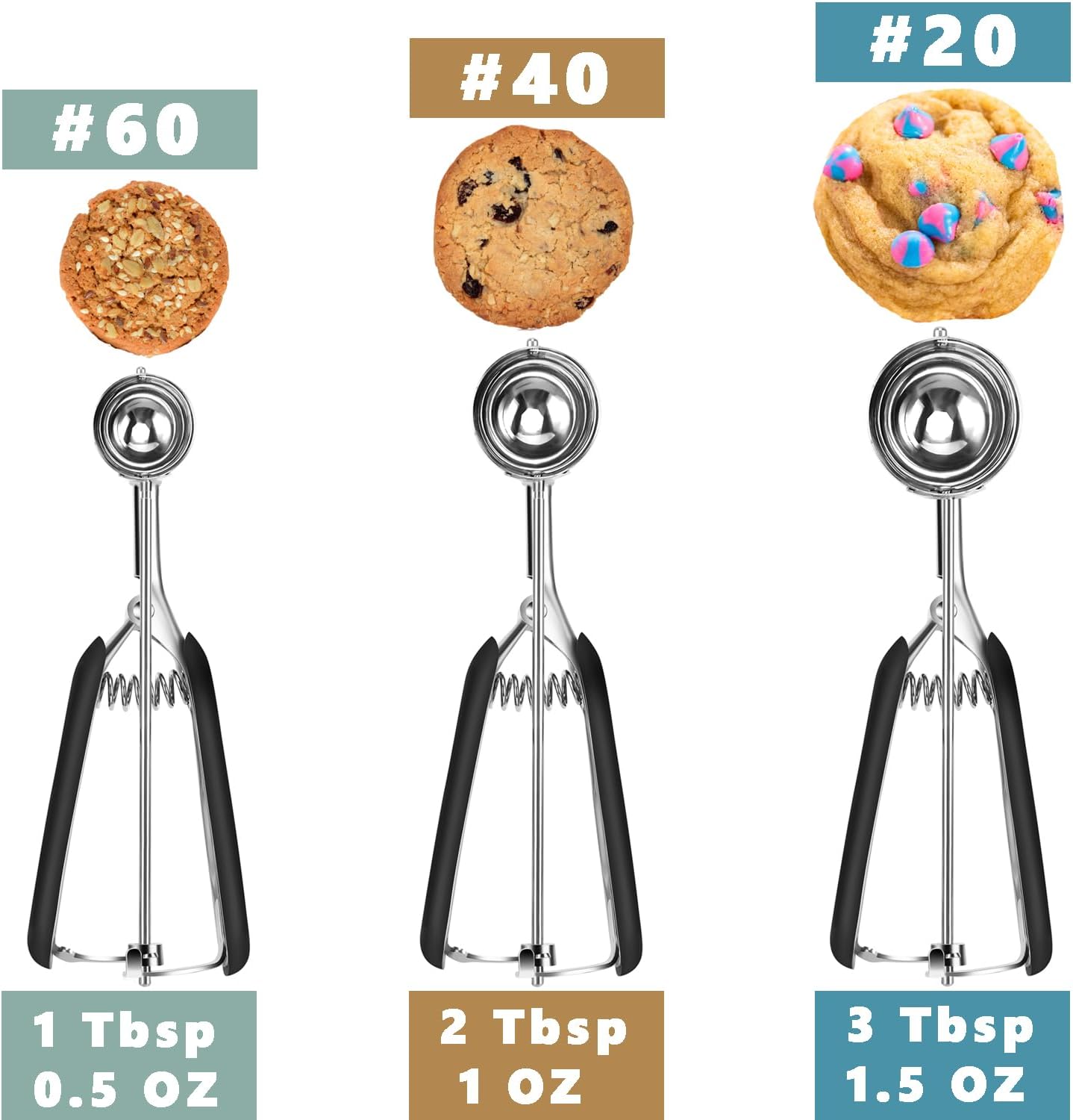 HOMURE H Cookie Scoop Set, Include 1 Tbsp/2 Tbsp/3 Tbsp, Cookie Dough Scoop, Cookie Scoops for Baking Set of 3, 18/8 Stainless Steel, Good Grip, Non-Slip, For Cookies Cupcake Muffin Ice Cream waffle