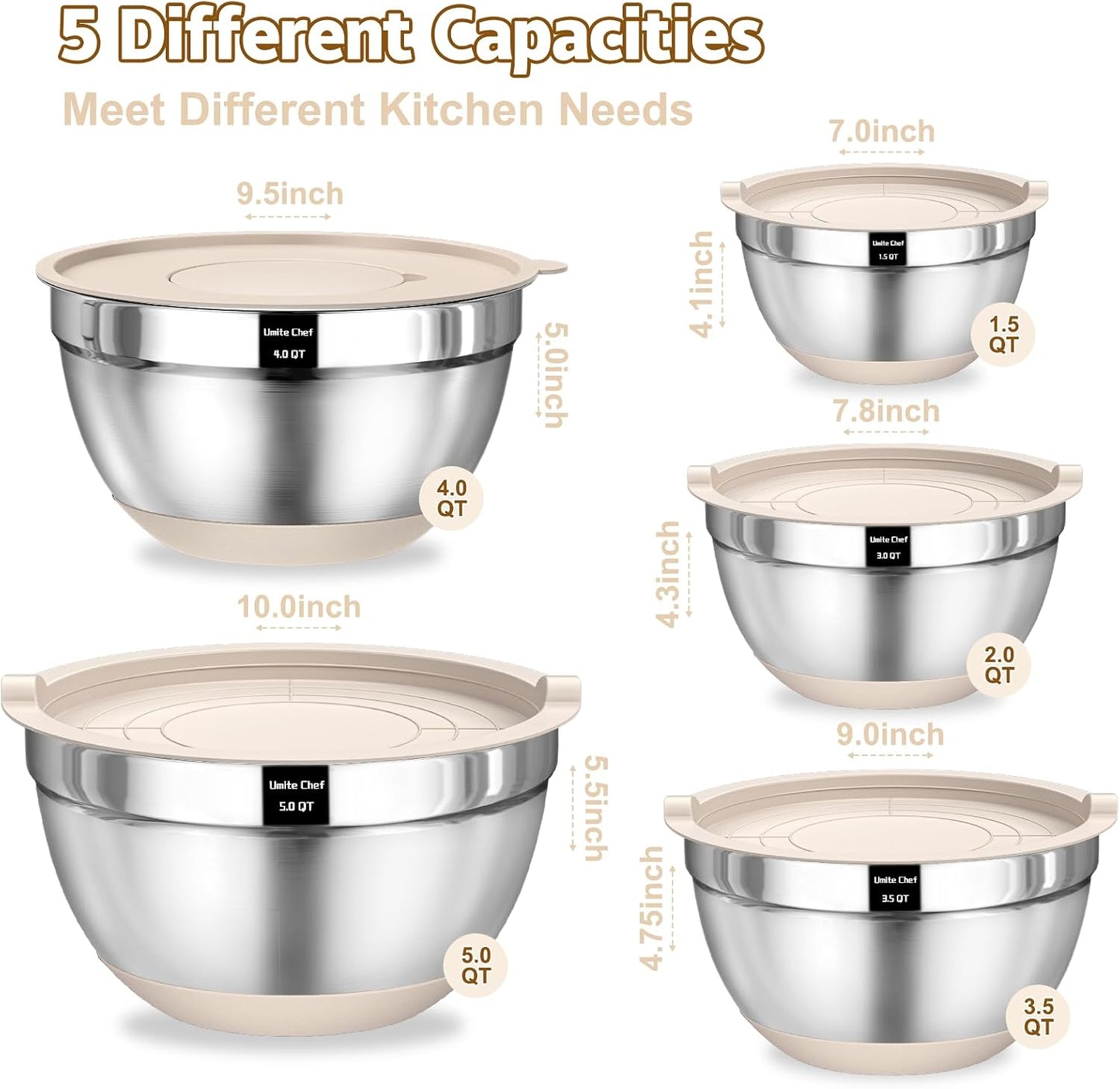 Umite Chef Mixing Bowls with Airtight Lids Set, 8PCS Stainless Steel Nesting Bowls with Grater Attachments, Non-Slip Bottoms, 5, 4, 3.5, 2, 1.5QT for Mixing & Serving