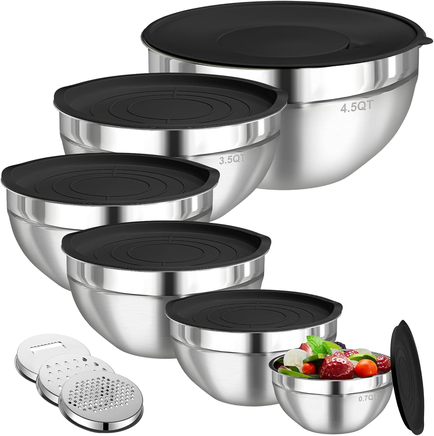 Mixing Bowls with Lids Set, 6 PCS Stainless Steel Mixing Bowls with 3 Grater Attachments, Kitchen Food Storage Organizers Nesting Mixing Bowl, Large Size 4.5, 3.5, 2.1, 1.5, 1.1, 0.7QT