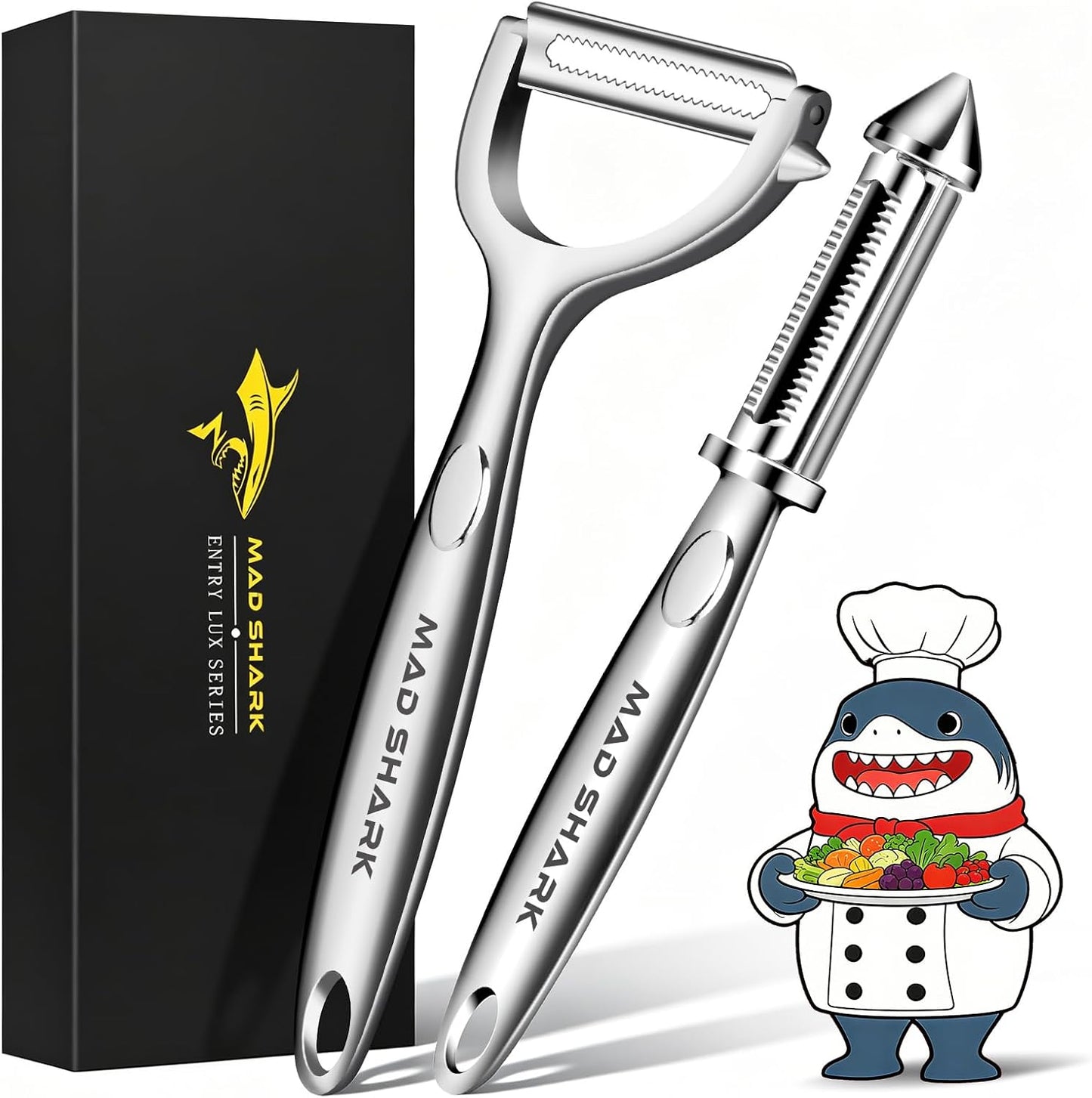 MAD SHARK Vegetable Peeler,Ultra Sharp Y Serrated Blade Peelers for Kitchen | Y Shaped Peeler Rust-proof Stainless Steel,Non-slip Ergonomic Grip,Easy Clean for carrots, potatoes, apples, fruits & veggies