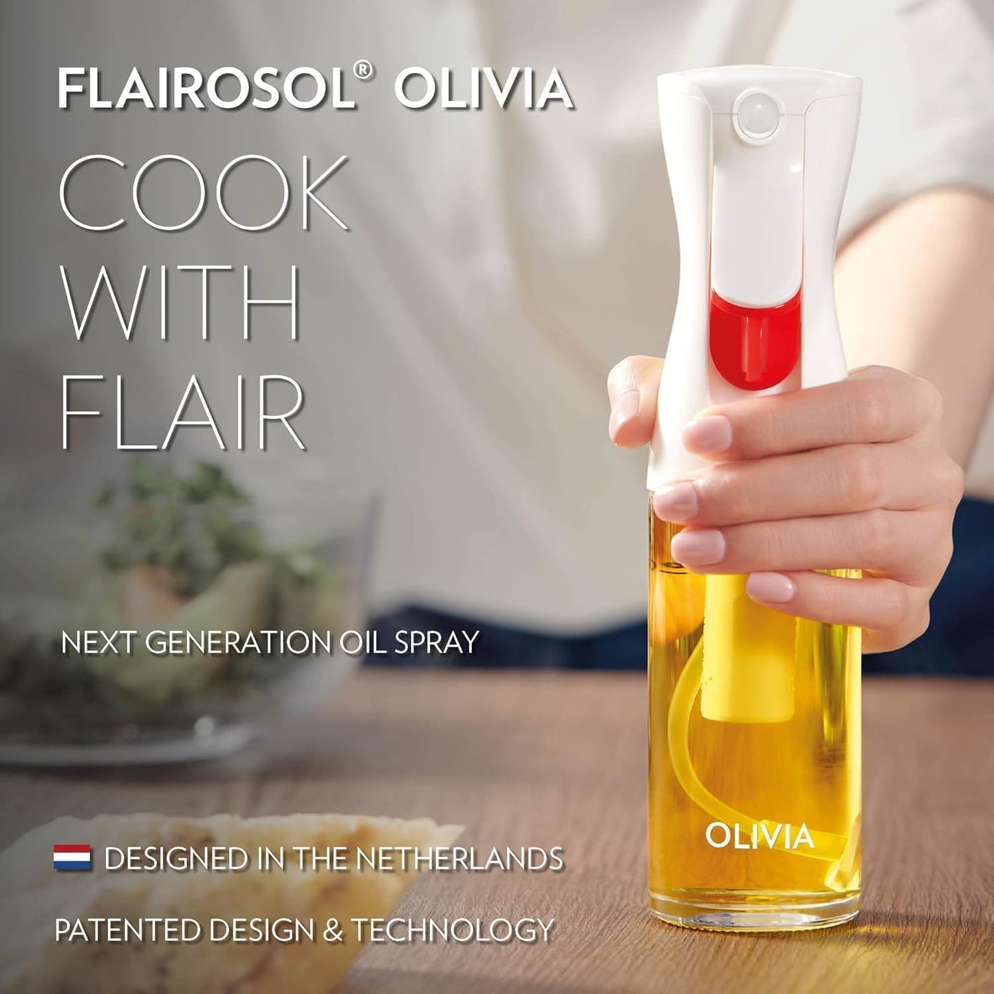 FLAIROSOL OLIVIA SIGNATURE Oil Sprayer for Cooking, 130ml Glass,White Print | Portion control mist for air fryer, salad, BBQ, refillable & reusable, fine mist olive oil kitchen sprayer, anti-drip