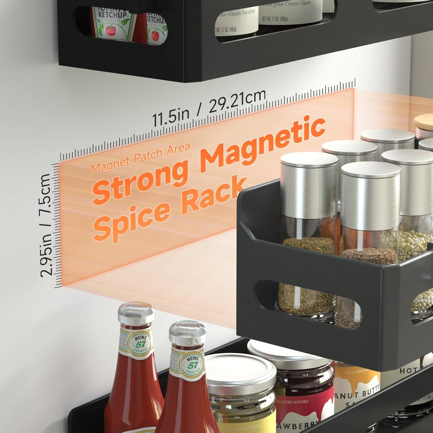 Sevenblue 4-Pack Magnetic Spice Rack for Refrigerator with Hooks, Black | Strong multipurpose magnetic shelf for kitchen & bathroom organization. Includes 4 removable hooks for hanging items.