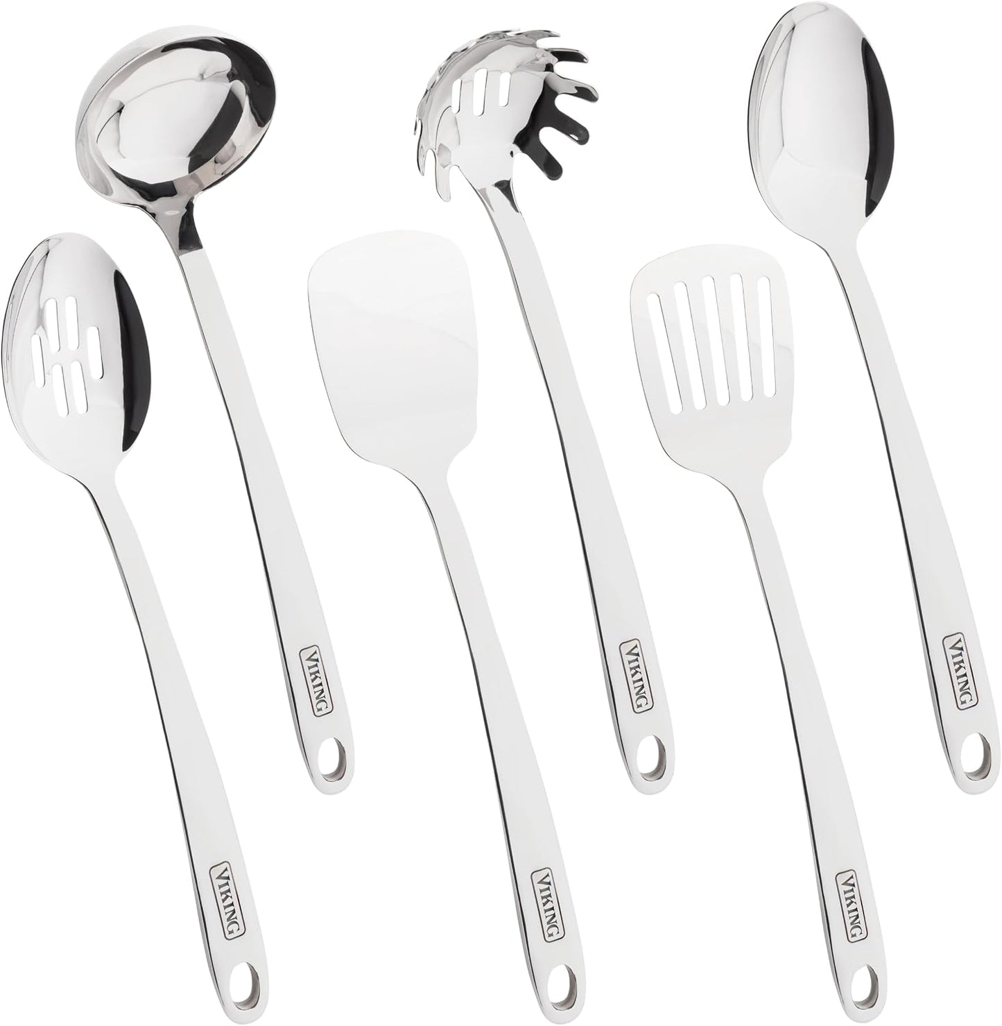 Viking Kitchen Utensils Set, 8 Piece Stainless Steel Cooking Utensil Set, Includes Spatulas, Spoons, Pasta Fork, Deep Ladle, Meat Fork, and Skimmer, Silver