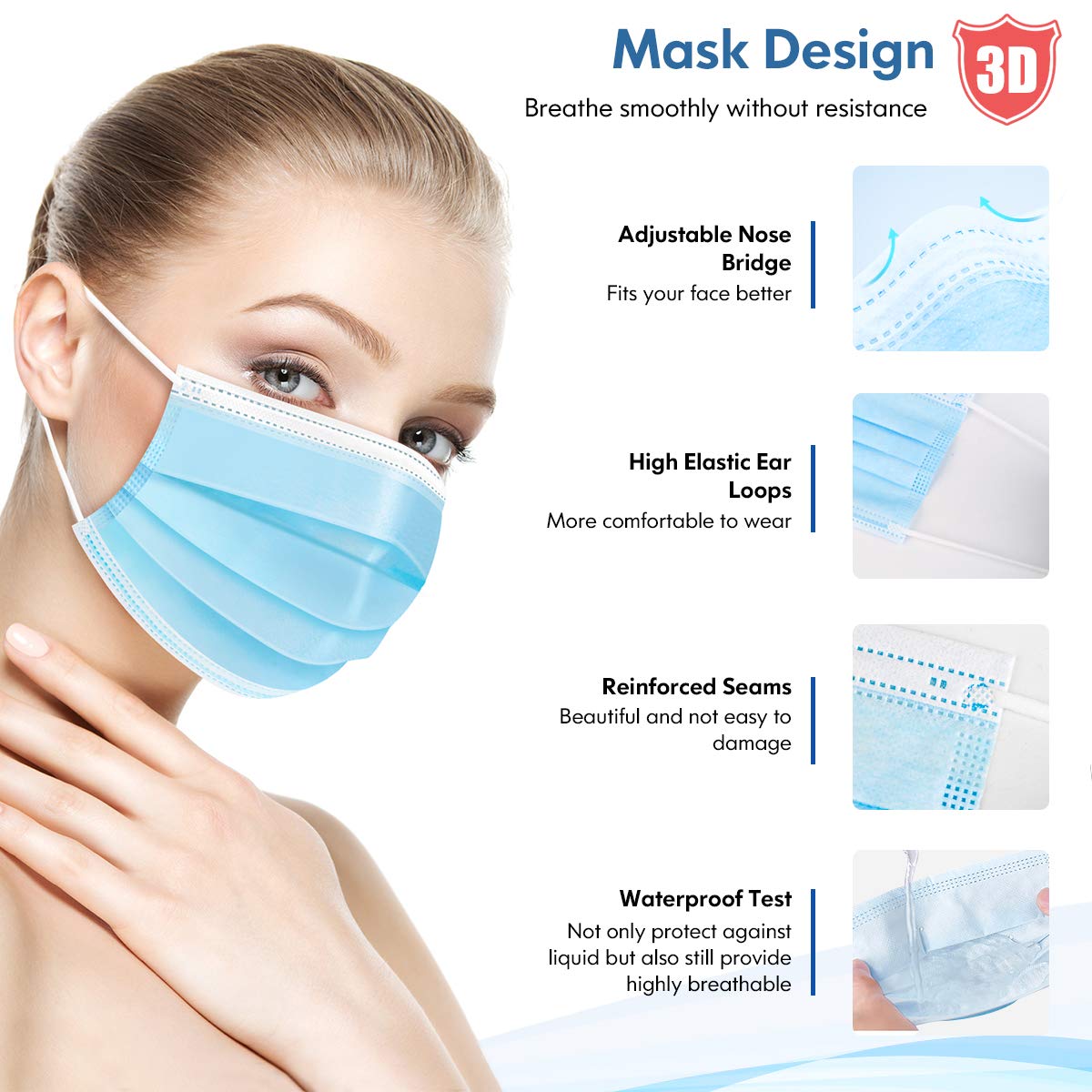 HDFK 3Ply Non-Woven Face Mask Disposable Adults Blue 50Pack with Nose Clip