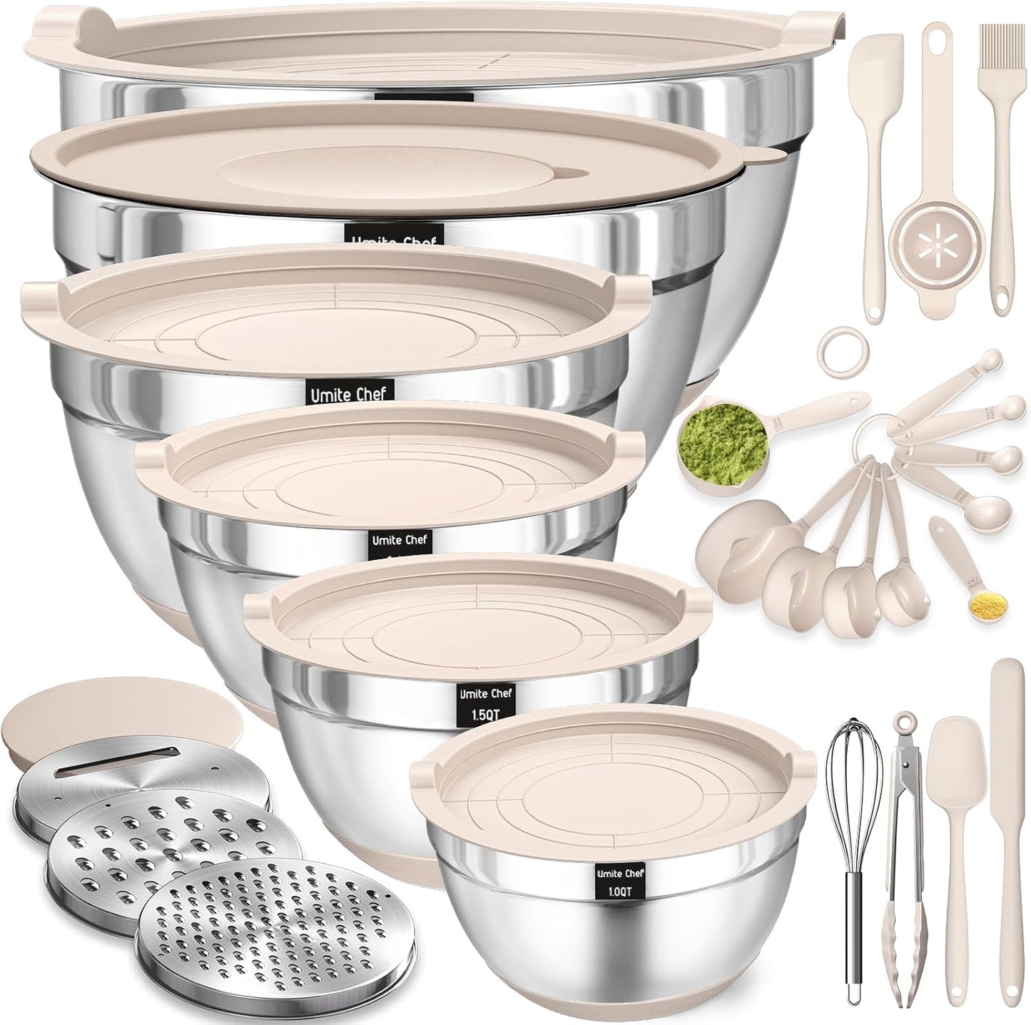 Thickened Heavy-Duty 26pcs Stainless Steel Bowl, Mixing Bowl Set with Lid, Grater Attachment, Non-Slip Bottom and Kitchen Gadget Set, Sizes 7, 4, 2.5, 2.0, 1.5, 1QT, Ideal for Mixing and Serving