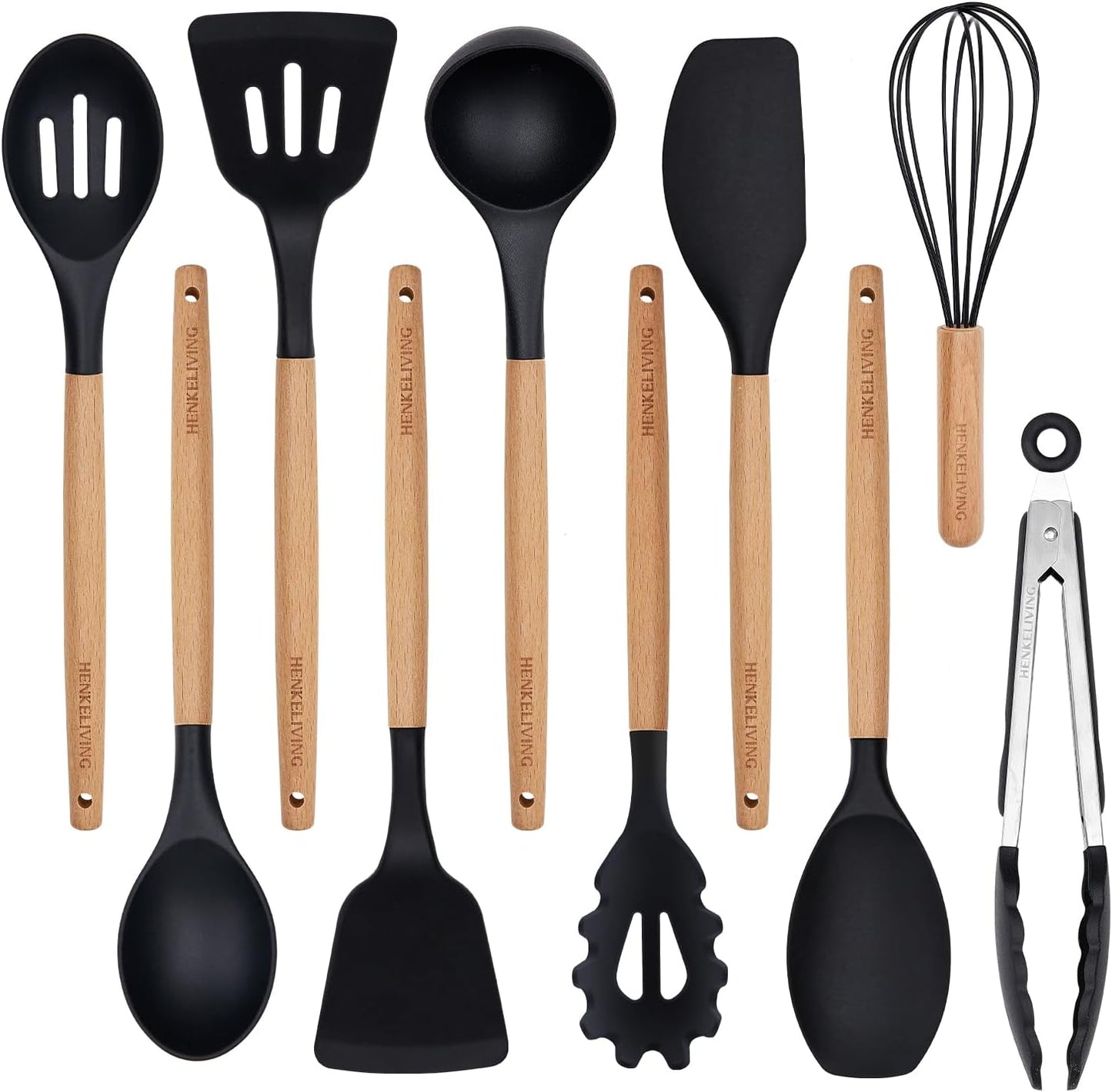 Silicone 10 Pcs Kitchen Cooking Utensils Set, Recycled Materials Certification, BPA Free Spatula Set with Heat Resistant Wood Handles for Nonstick Cookware, Cream White