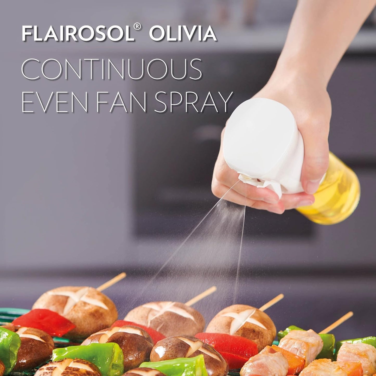 FLAIROSOL OLIVIA SIGNATURE Oil Sprayer for Cooking, 130ml Glass,White Print | Portion control mist for air fryer, salad, BBQ, refillable & reusable, fine mist olive oil kitchen sprayer, anti-drip