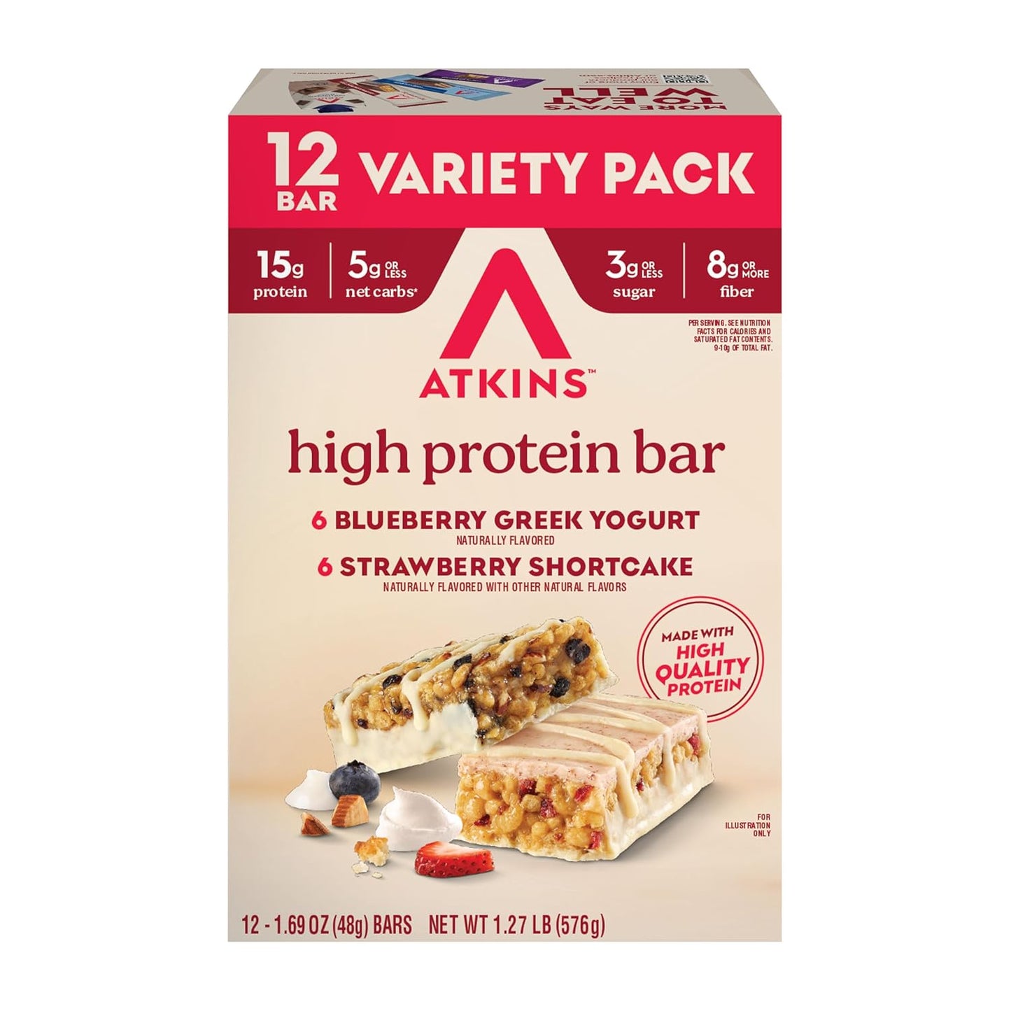 Atkins Chocolate Chip Granola Protein Bar, 12 Count, High Fiber, Low Sugar, 17g Protein