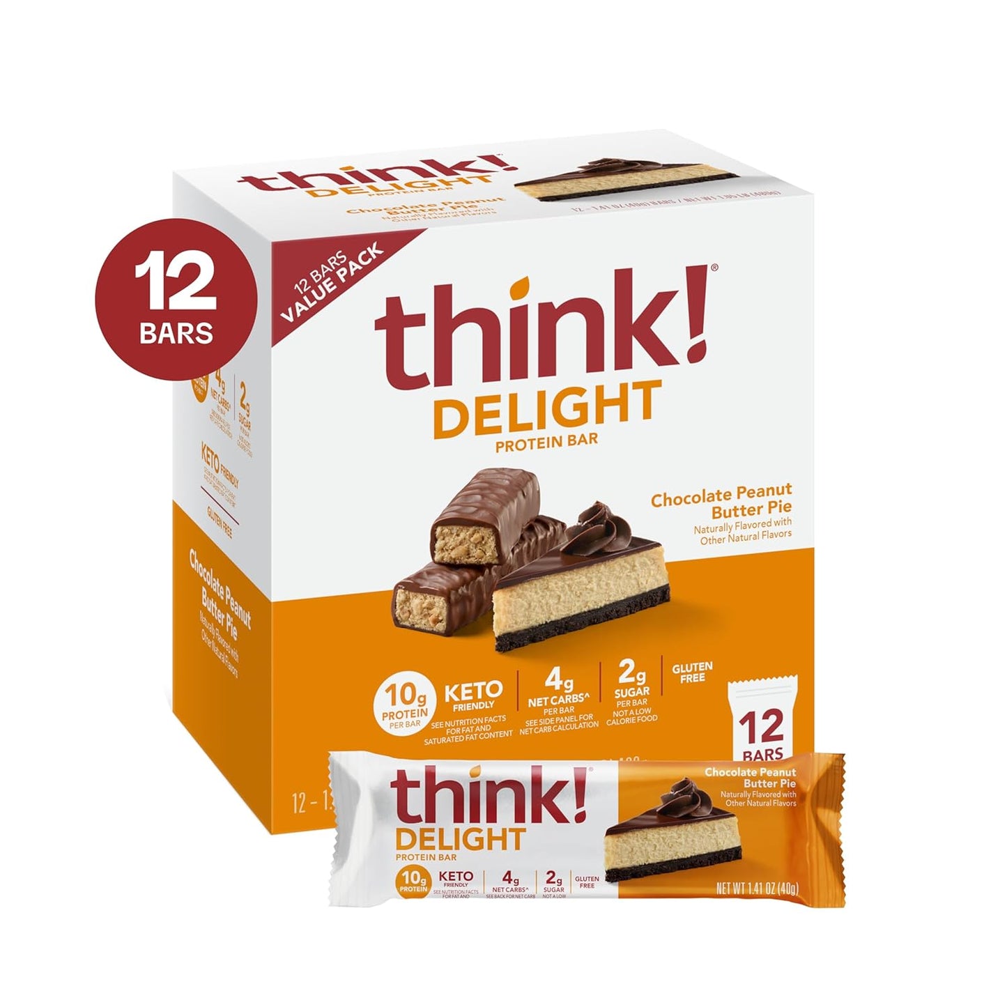 Delight Protein Bars, Chocolate Peanut Butter Pie, Low Sugar & Low Carb Gluten-Free Snack, Keto Friendly Snacks