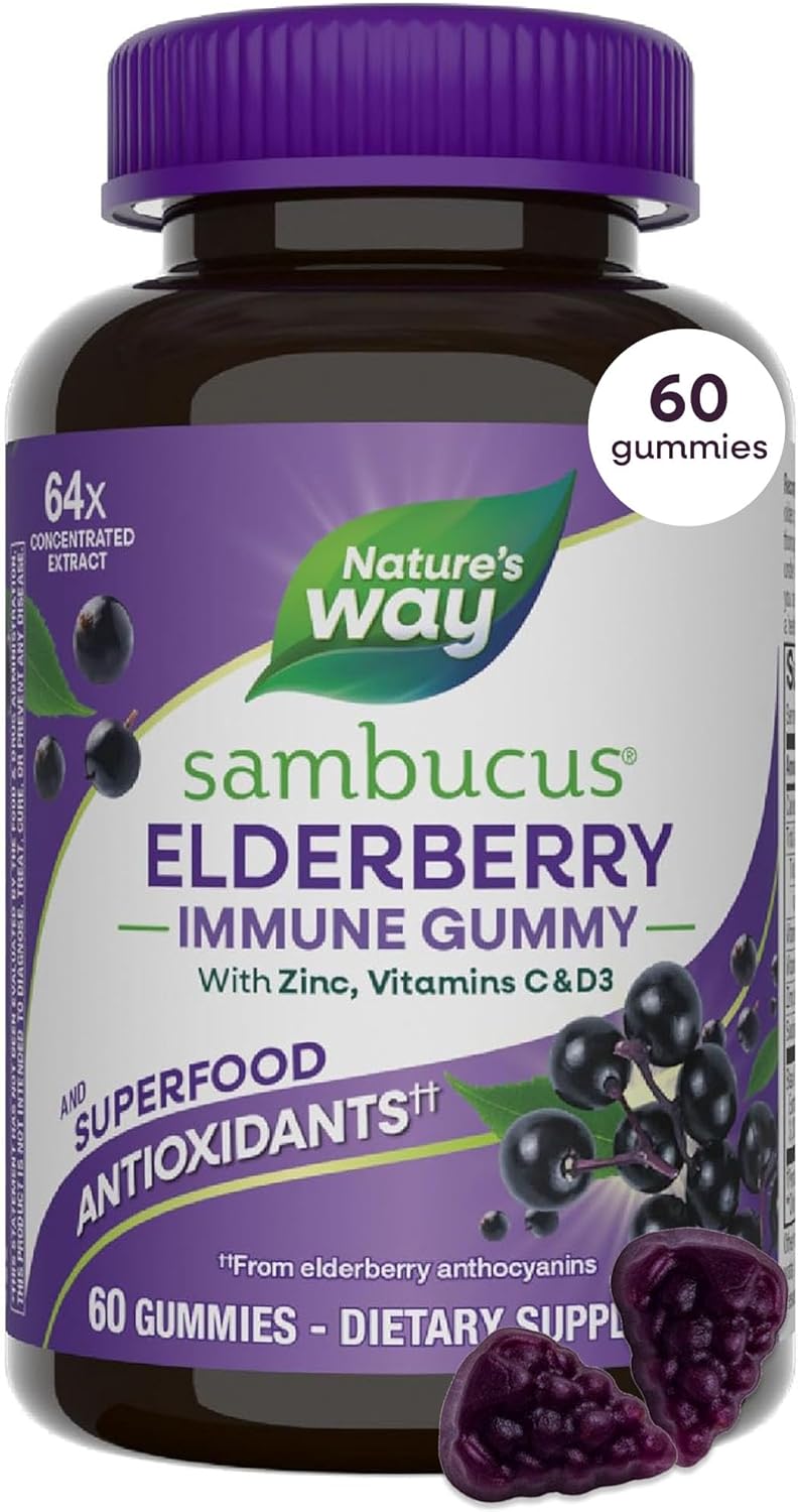 Nature's Way Sambucus Elderberry Gummies, Immune Support Gummy for Adults & Kids Ages 4+ with Black Elderberry Extract, Vitamin C, Vitamin D3, and Zinc*, 60 Gummies