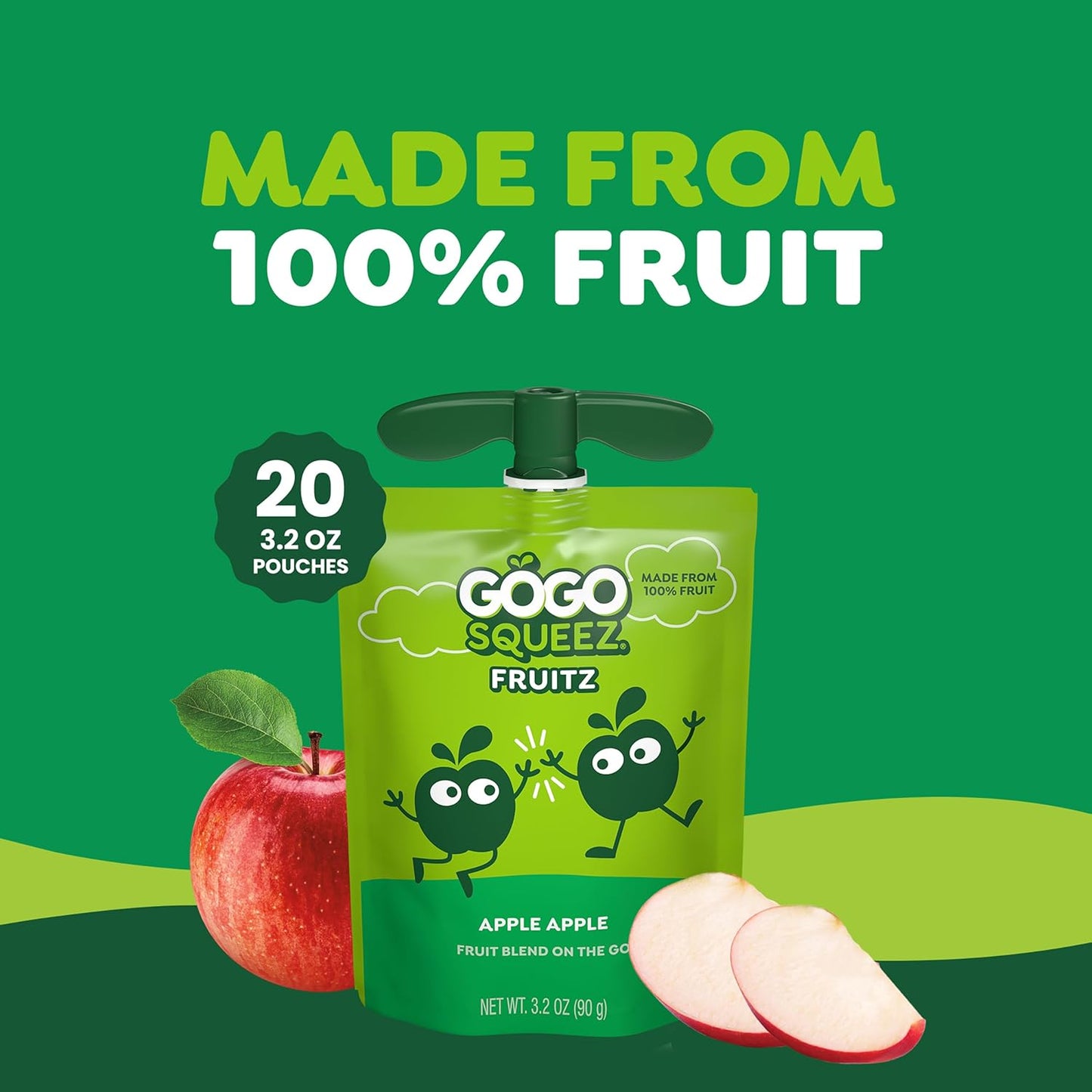 GoGo squeeZ No Sugar Added Applesauce and Fruit Puree, Apple, 3.2 oz Pouches, Pack of 20, Fruit Snacks for Kids