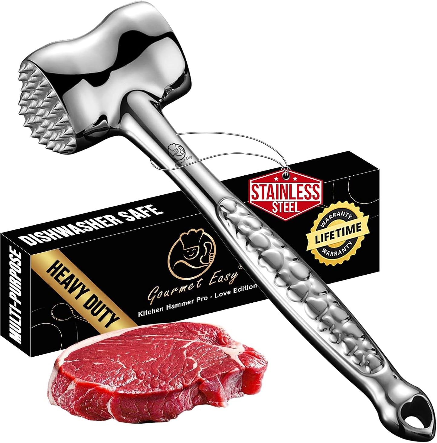 Gourmet Easy Classic Meat Tenderizer Tool, Non-Slip Grip Lifetime Replace | Dual-Sided Heavy-Duty Design for Effortless Tenderizing of Steak,Chicken and Poultry , Dishwasher Safe, Lifetime Replacement
