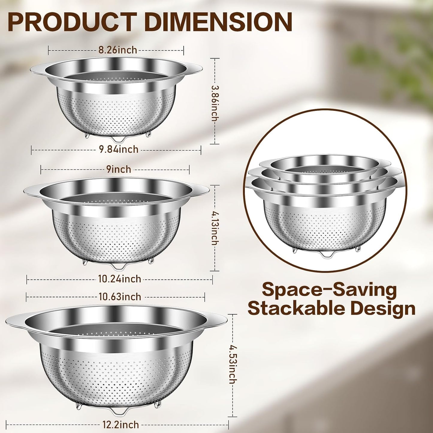 Stainless Steel Colander for Kitchen, Stainless Steel Strainer, Pasta Strainer for Spaghetti Fruit Cooking Food, 3 Pcs Strainers and Colanders(2QT, 3QT, 5QT), Dishwasher Safe, Kitchen Present