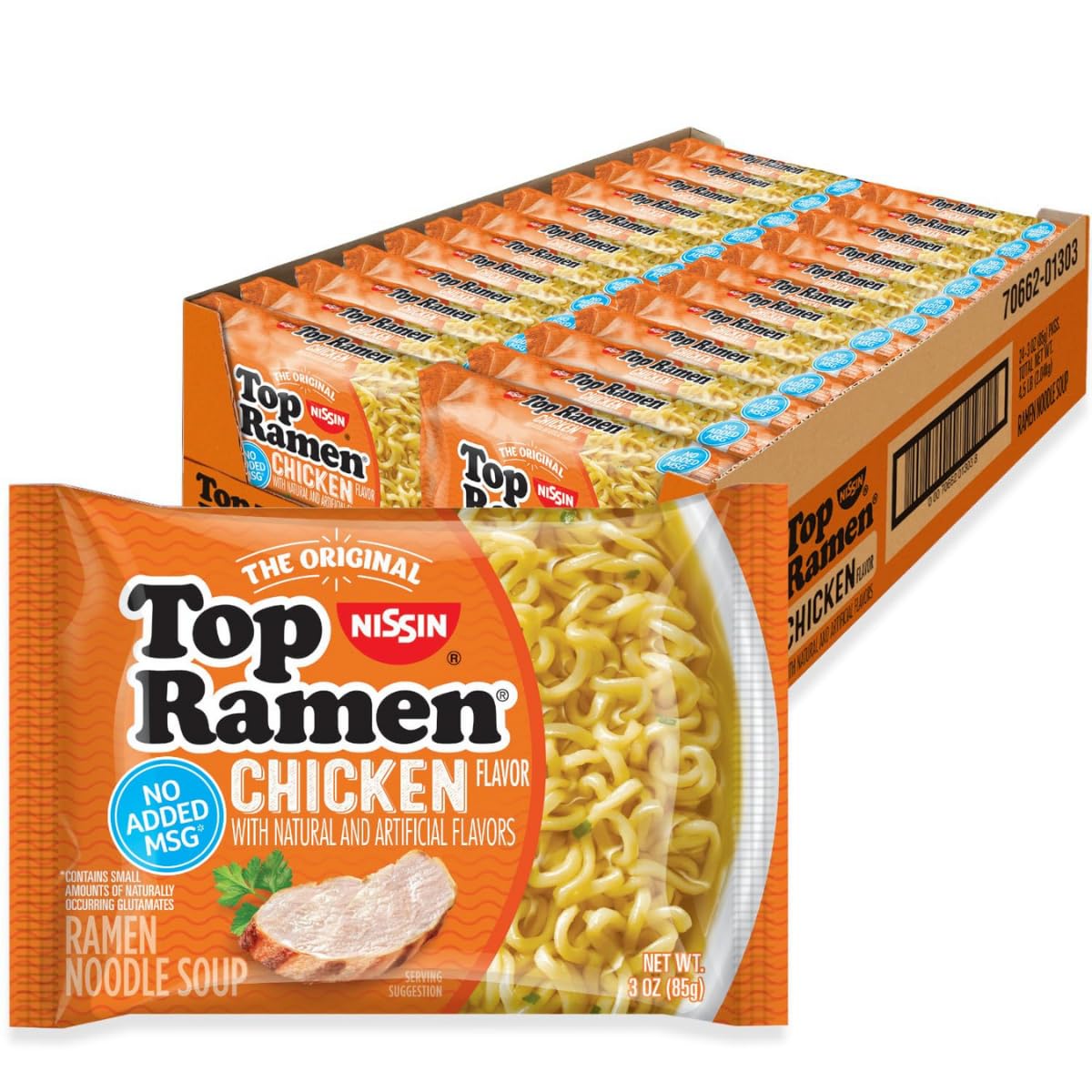 Nissin Top Ramen Chicken Noodle Soup, 3 Ounce, 24 Packets, No Added MSG