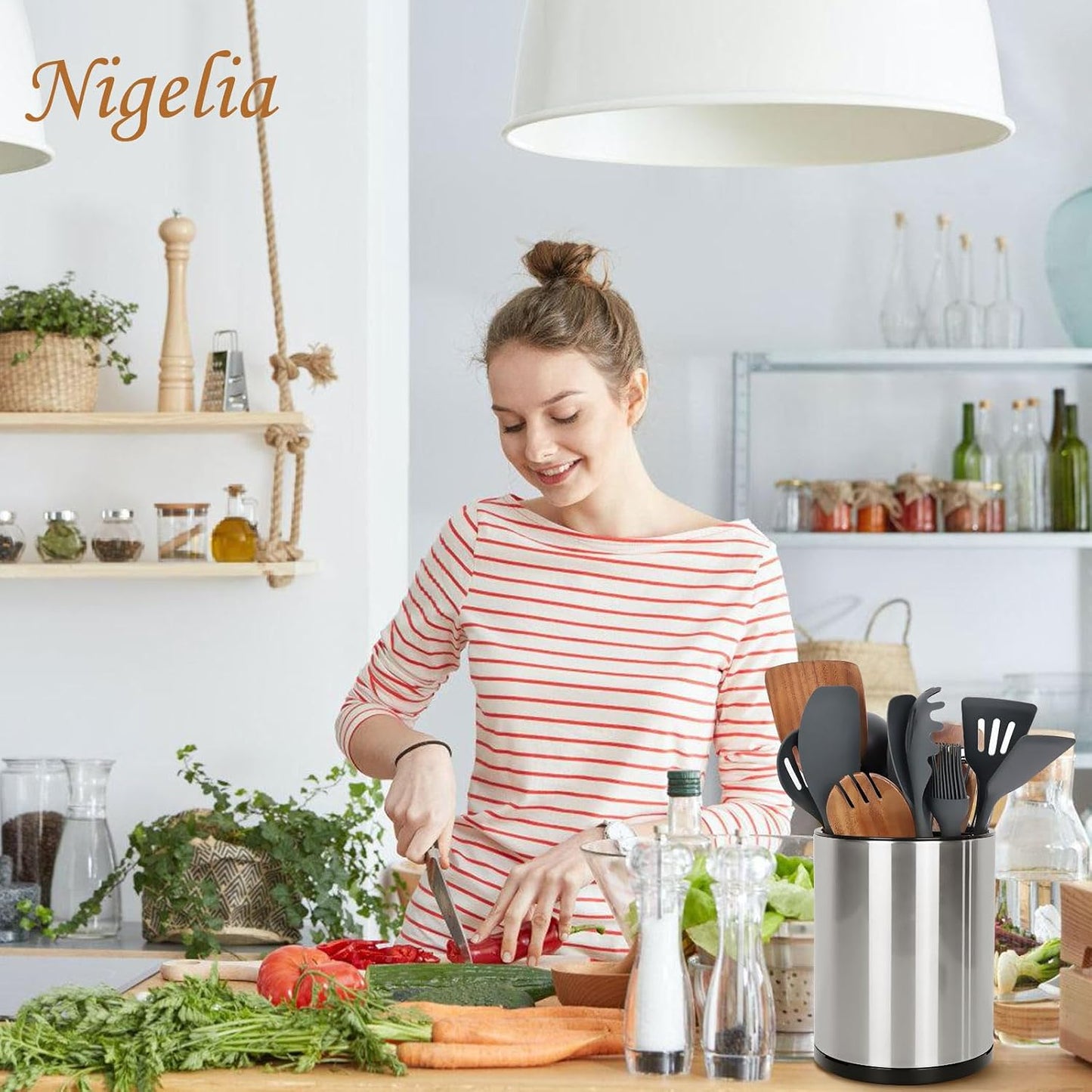 Nigelia Extra Large Kitchen Utensil Holder, 360° Rotating Stainless Steel Cooking Utensil Holder for Countertop, 3 Compartment Flatware Organizer & Cooking Caddy with Removable Base(Silvery)