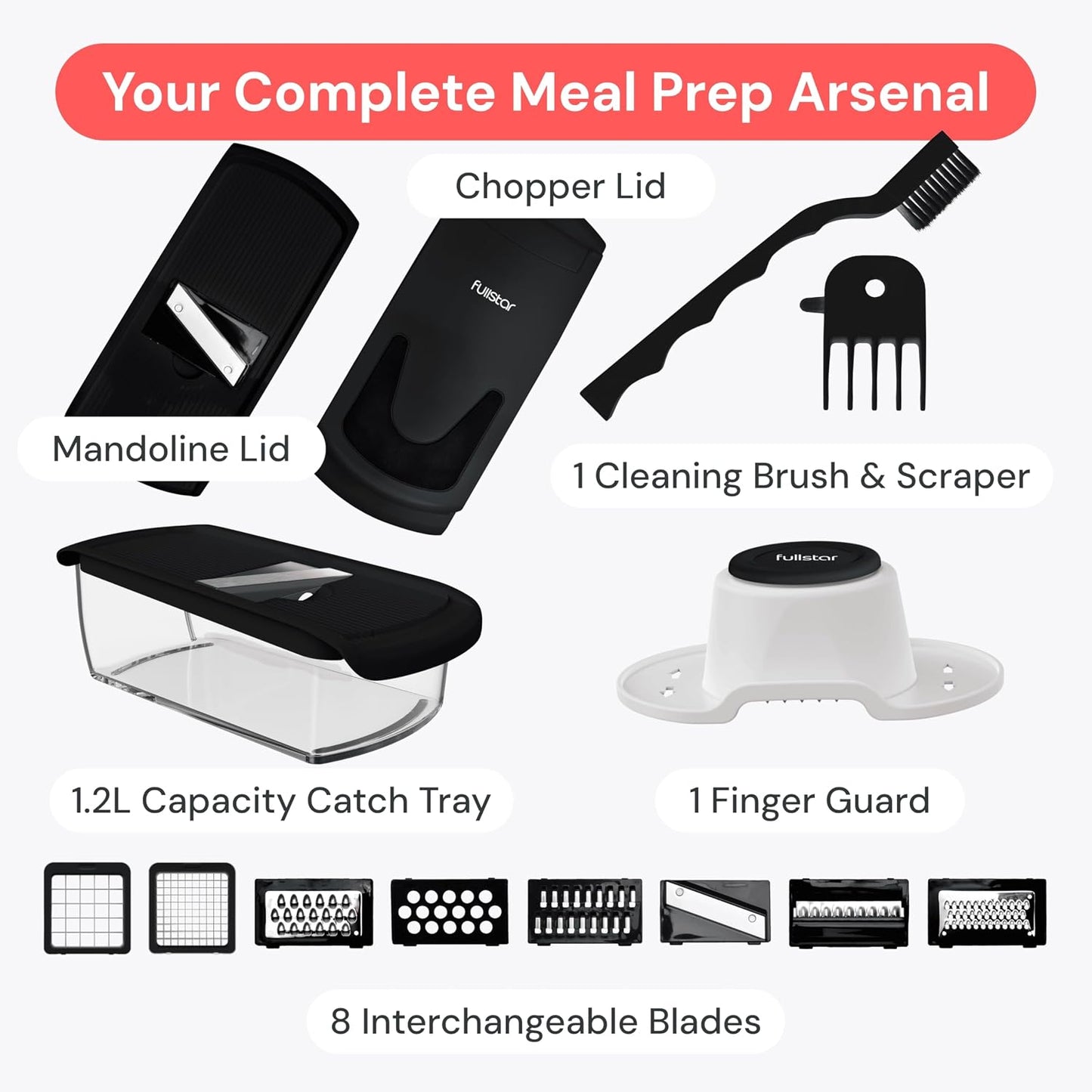 Fullstar Pro Original Vegetable Chopper & Mandoline Slicer Kitchen Gadget | 8 in 1 Veggie Slicer, Onion & Fruit Cutter with Sharp Stainless Steel Blades & Container, All-in-One Meal Prep Tool (Black)