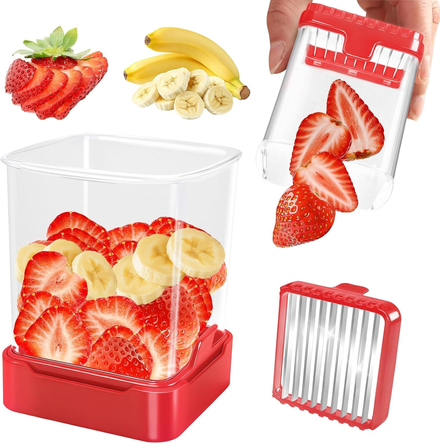 Fruit Slicer Cup for Strawberry, Banana, Hard-Boiled Egg - Detachable Cutter with Push Plate - 304 Stainless Steel Blade - Rapid & Safe Slicing Kitchen Gadget for Quick Meal Prep (Black)