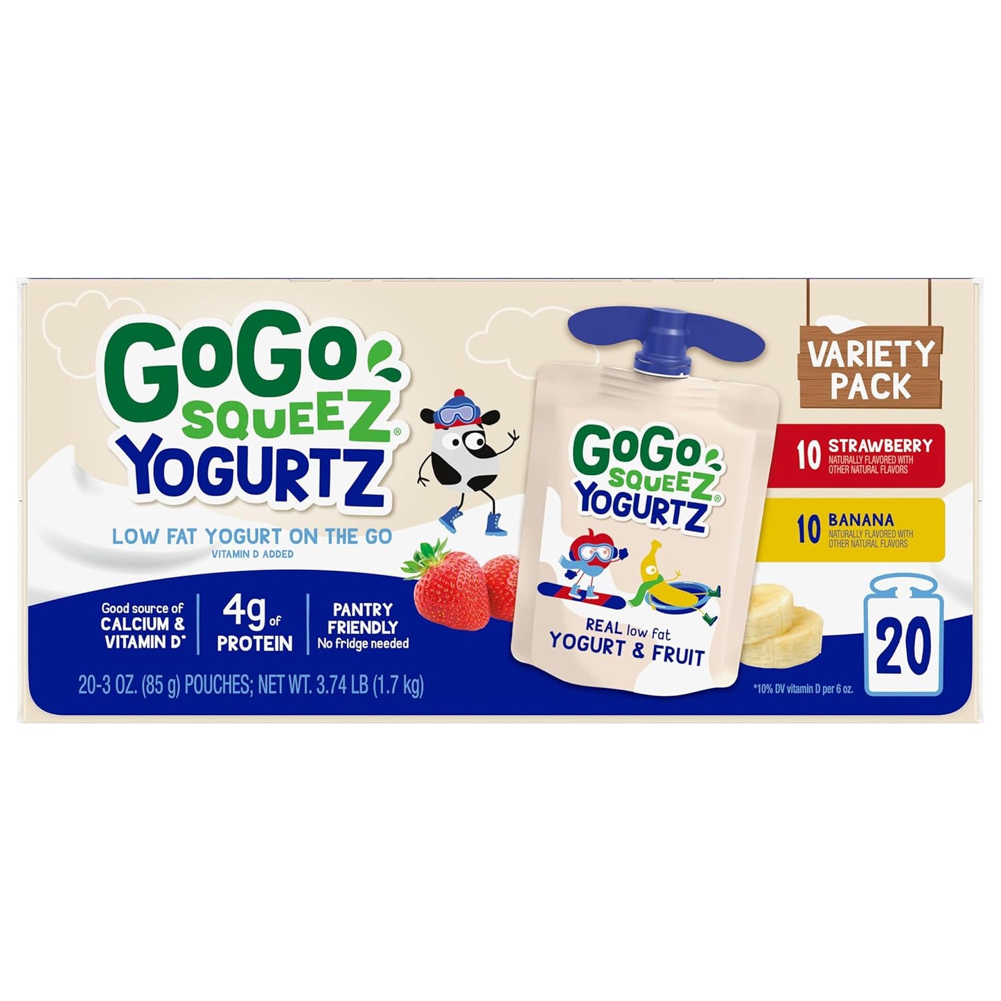 GoGo squeeZ Low Fat YogurtZ Variety Pack, 20 Pouches, Kids Snacks, Real Yogurt and Fruit, Gluten Free, Nut Free, BPA Free