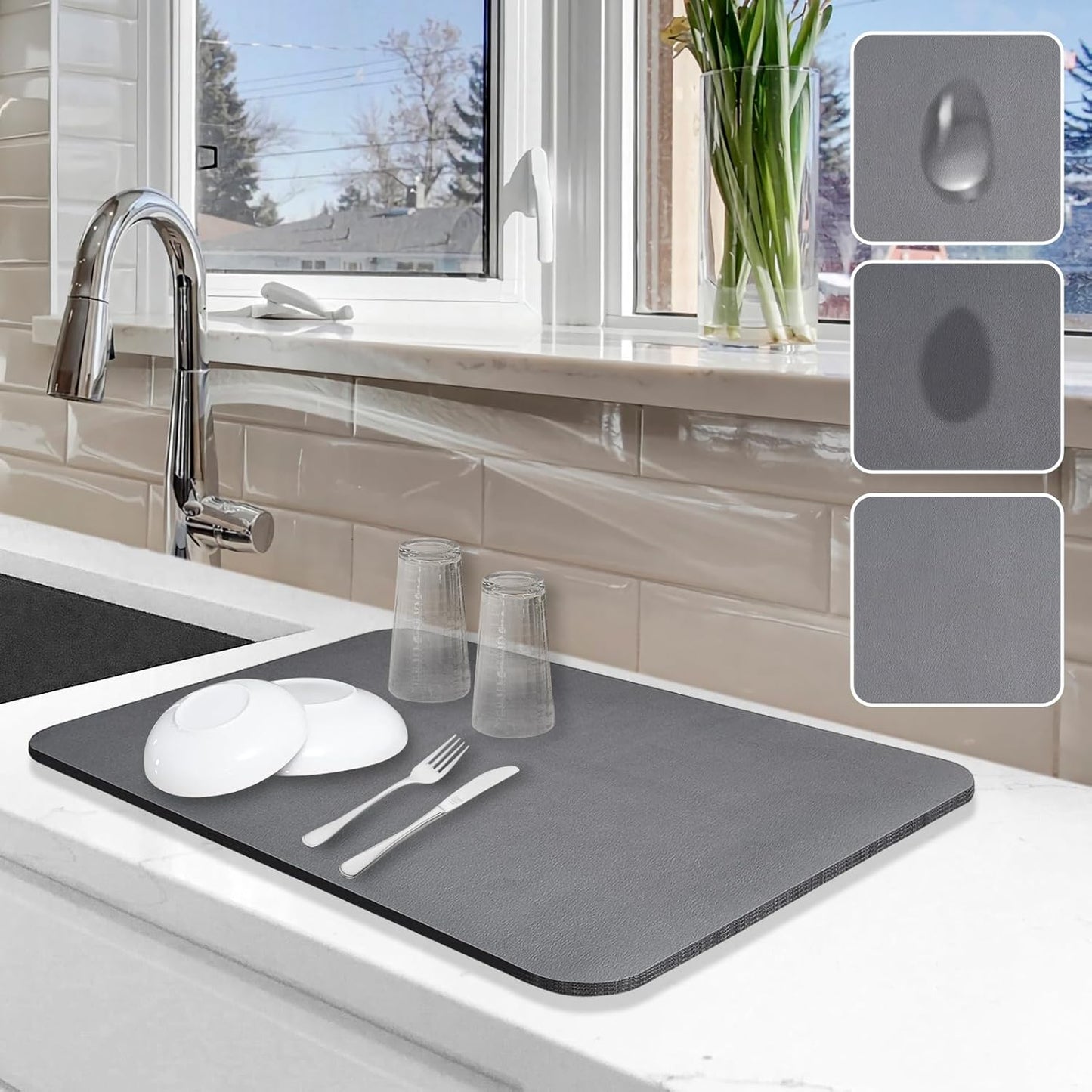 Dish Drying Mat for Kitchen Counter, 12"x19" Pad with Rubber Backed (Grey) | Hide Stain Anti Absorbent for Kitchen Counter, Non-slip Drying Mat for Coffee Machine Dish Rack