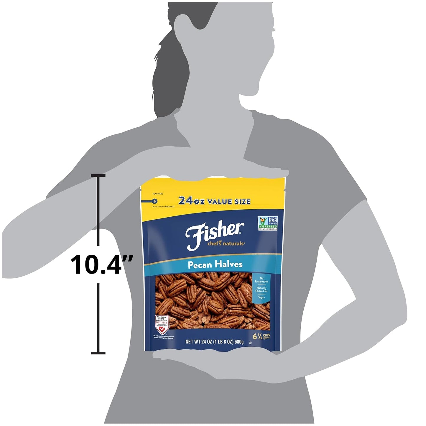 Fisher Chef's Naturals Pecan Halves 24 oz Resealable Bag, Unsalted Raw Nuts