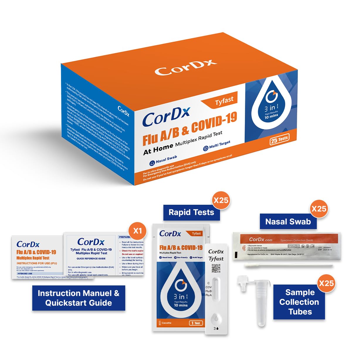 CorDx TyFast Flu A/B & COVID-19 Multiplex Rapid Test Kit, 25 Tests, 10 Minute Results