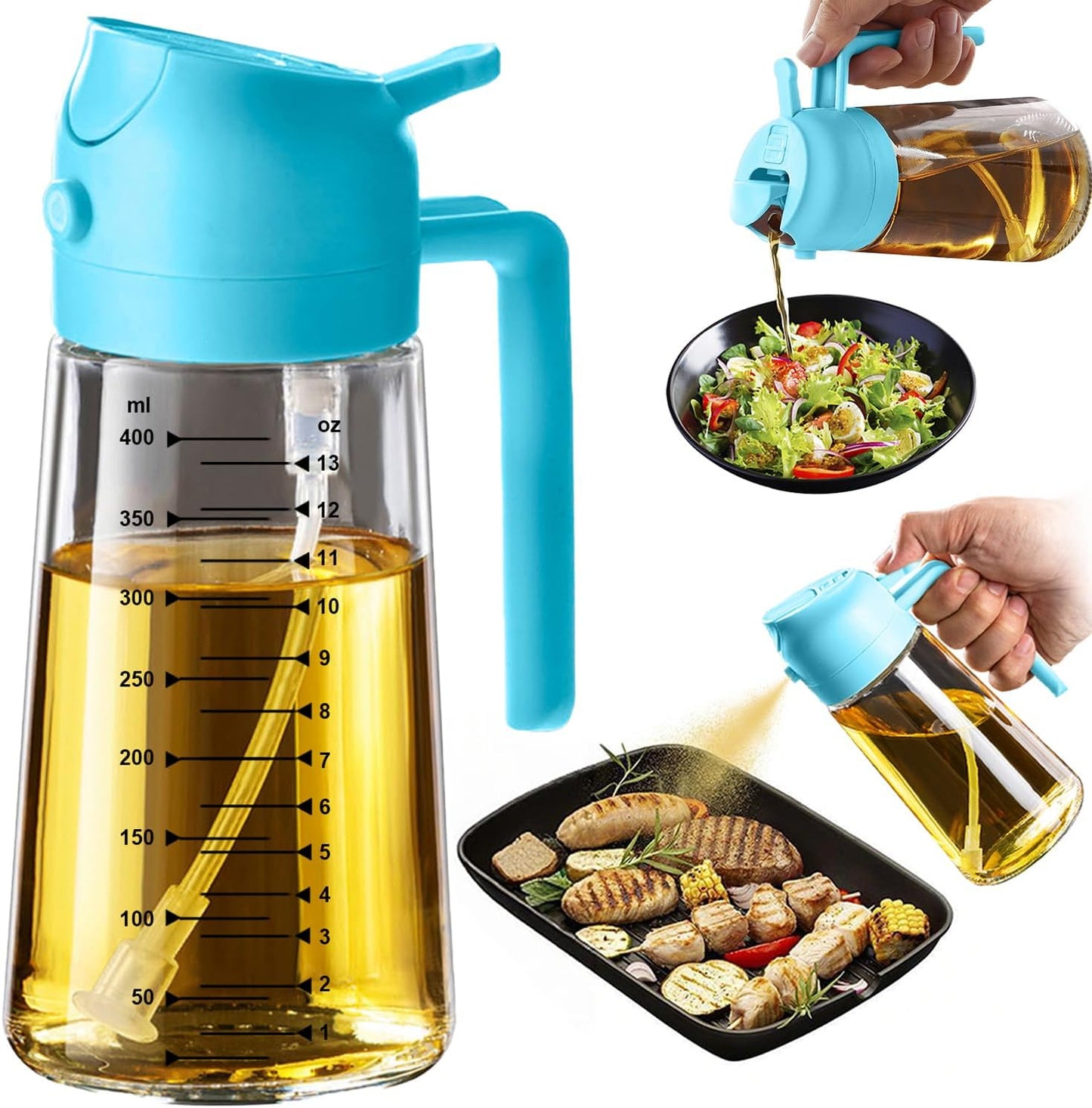 TrendPlain 16oz/470ml Glass Olive Oil Sprayer for Cooking – 2 in 1 Olive Oil Dispenser Bottle for Kitchen Gadgets and Air Fryer Accessories, Salad, BBQ - Black