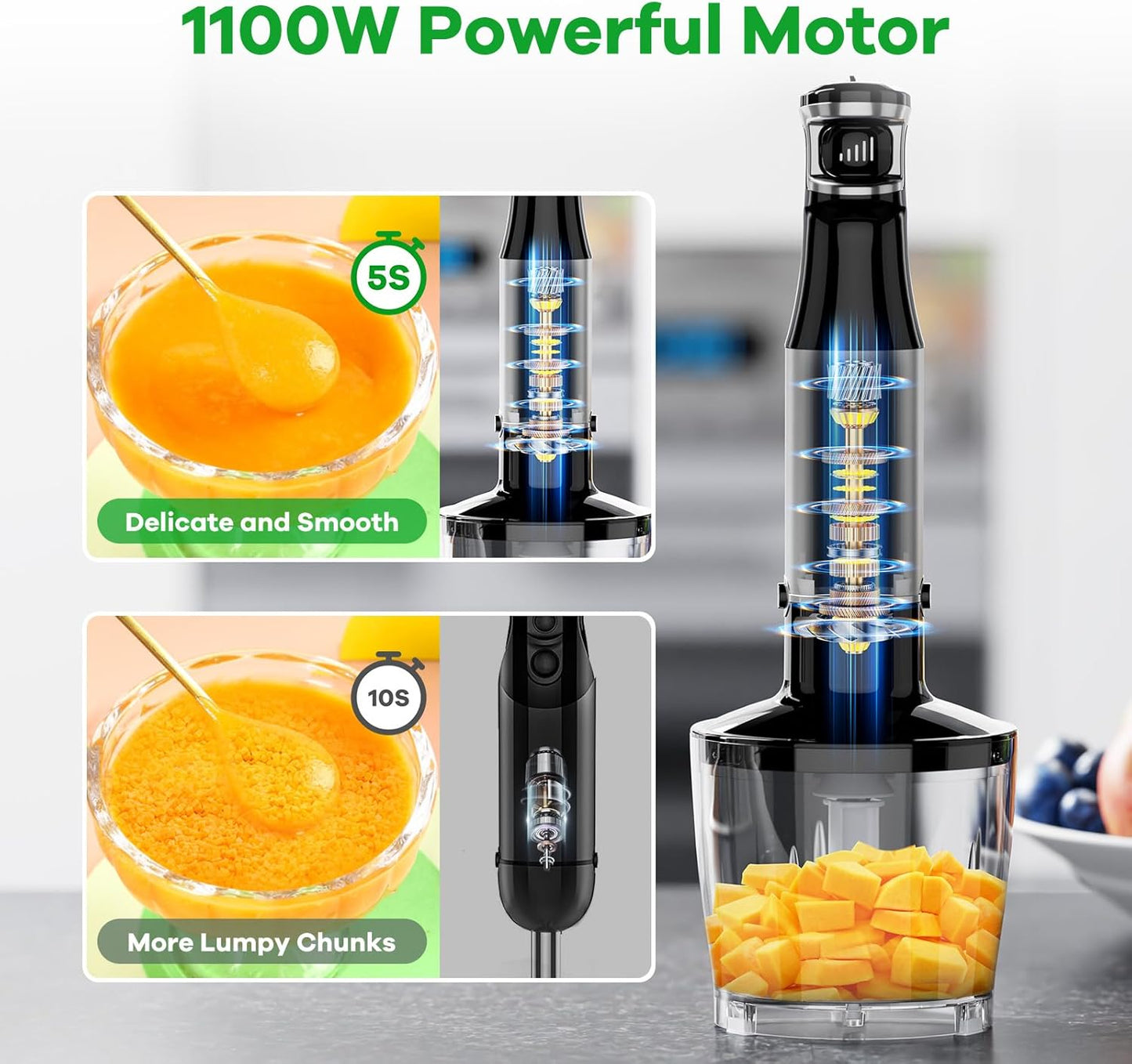 Turelar Immersion Blender Handheld Corded, 1100W 5 in 1 Hand Blender Set | Trigger Variable Speed, Emulsion Stick Mixer with Food Processor, Whisk, Frother, for Soup, Puree, Baby Food, Anti-scratch