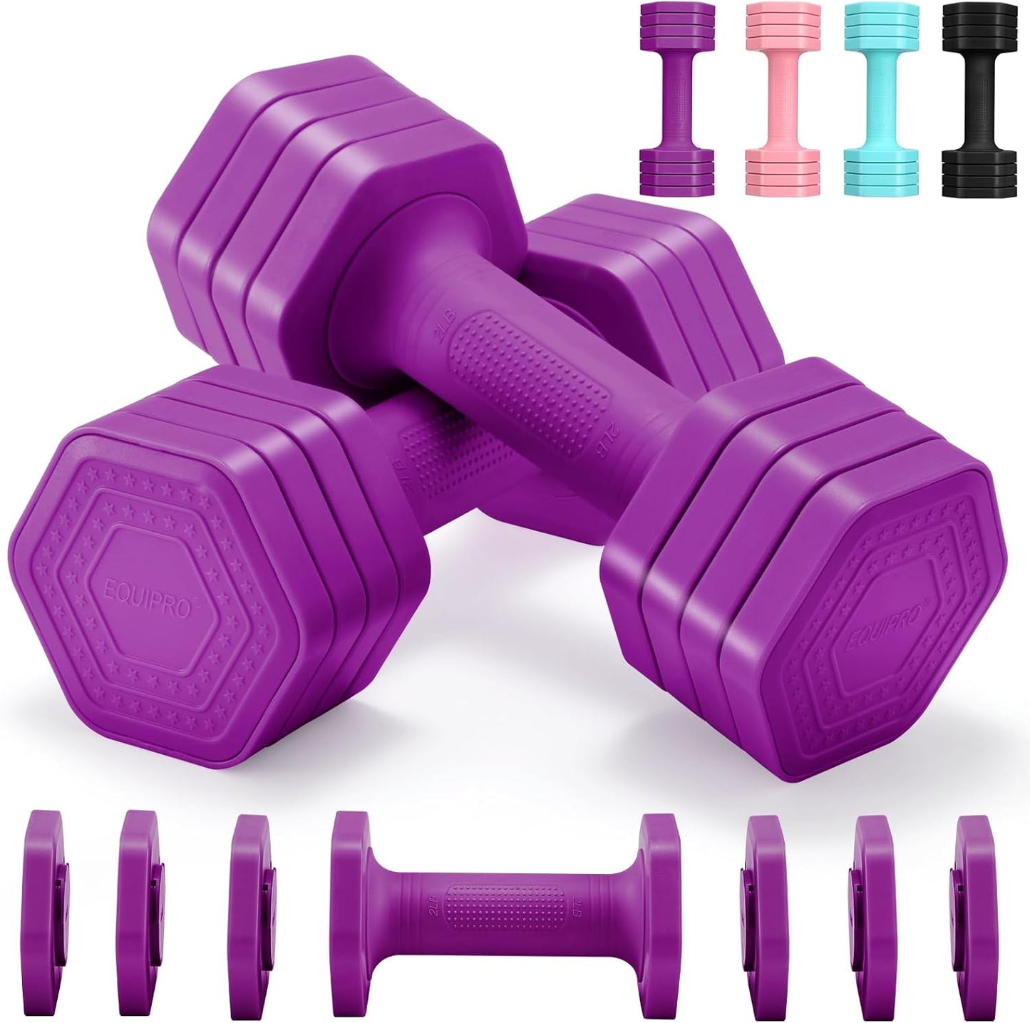 EQUIPRO Adjustable Dumbbell Set for Women, 2lb-5lb Free Weights with Soft Rubber Handle