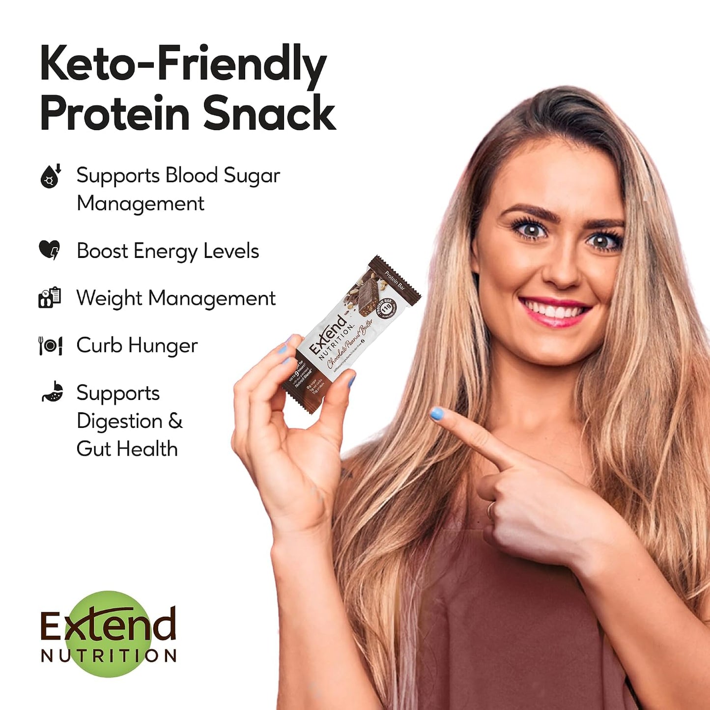 Extend Sugar Free Protein Bars, High Protein and Fiber, Low Carb, Keto Friendly, 12 Count, Chocolate Peanut Butter