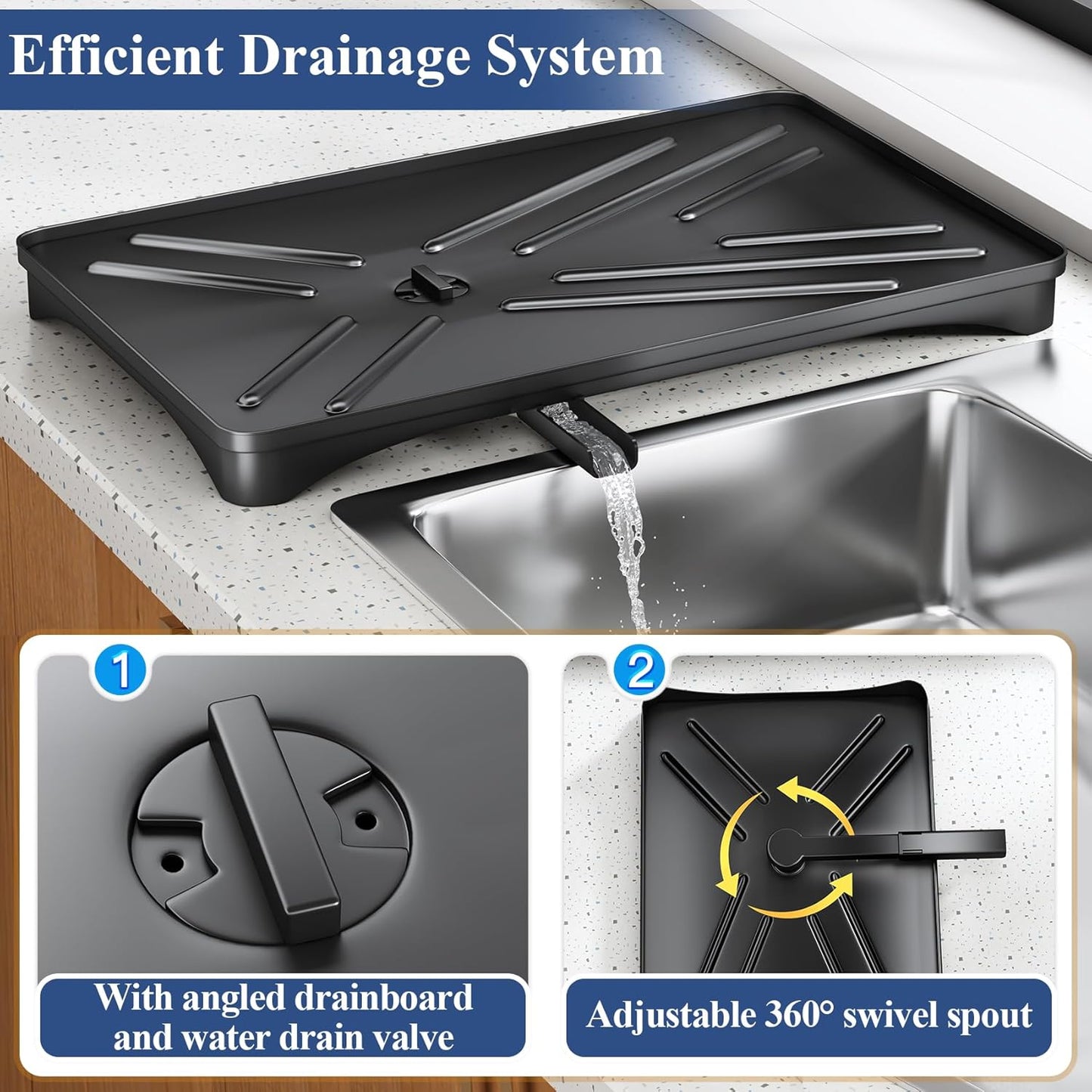 SNTD Dish Drying Rack for Kitchen Counter, 11.8" W x 16.7" L, Black | Rustproof Stainless Steel, Large Capacity, Angled Drainboard for Quick Drainage, Rotating Spout, Removable Utensil Holder
