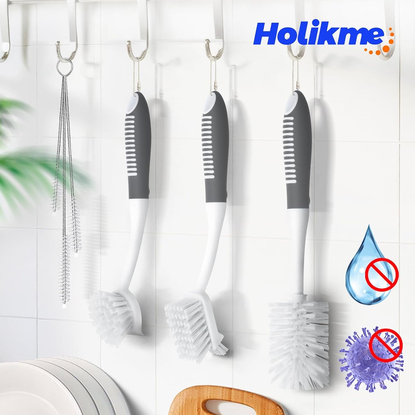 Holikme 6 Pack Dish Brush Set with Bottle Brush, Dish Scrub Brush,Gray | Pan Brush and 3 Straw Brushes, Deep Cleaning Handle Brush with Scraper Tip for Kitchen Sink Dishes Bottle Cup Pot and Pans