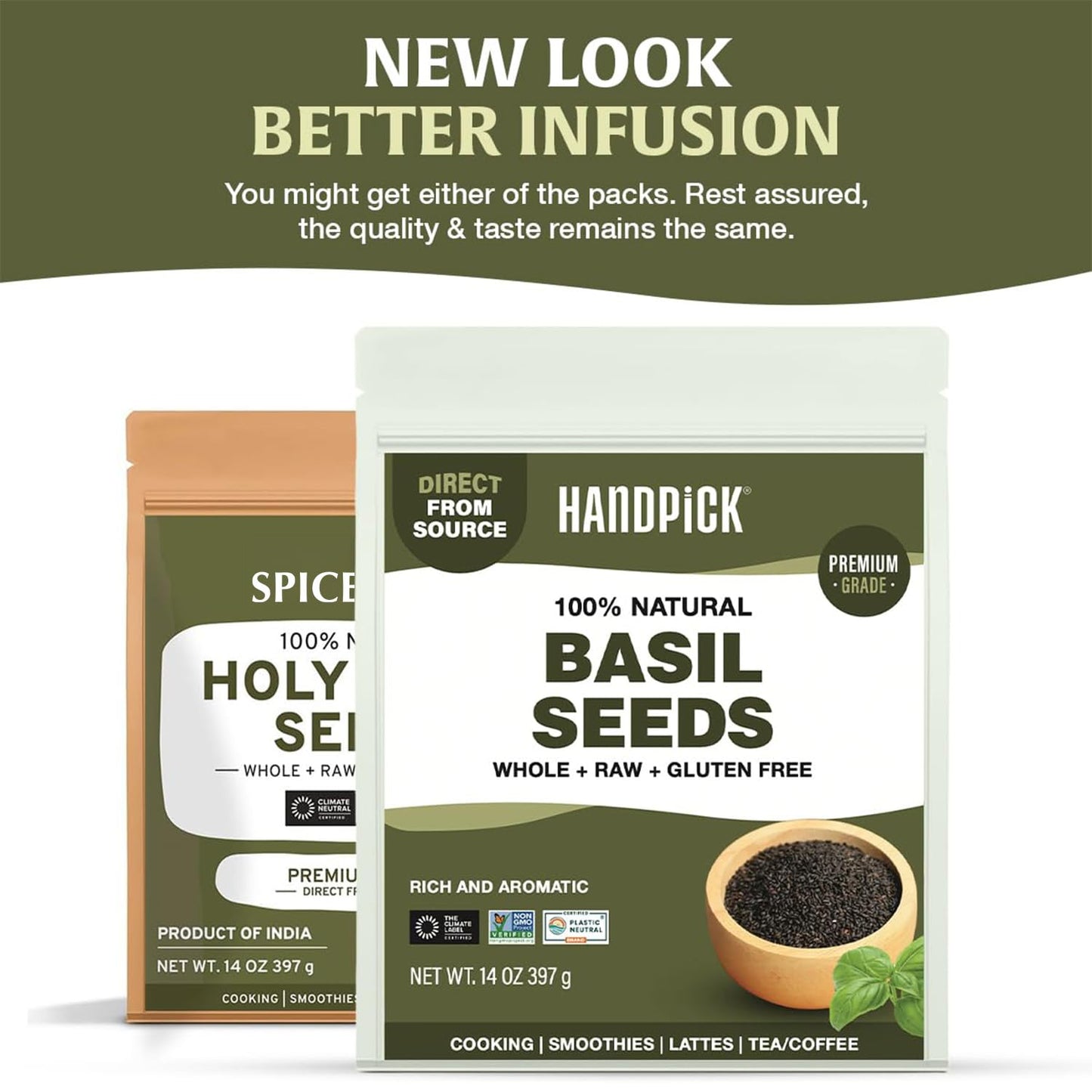 HANDPICK Holy Basil Seeds (397g/14oz) | 2x More Fiber than Chia | Edible Basil Seeds, Gluten free, Raw Sabja, Tukmaria Seeds | Prebiotic | Packed in Resealable Zip Lock Pouch (Packaging may vary)